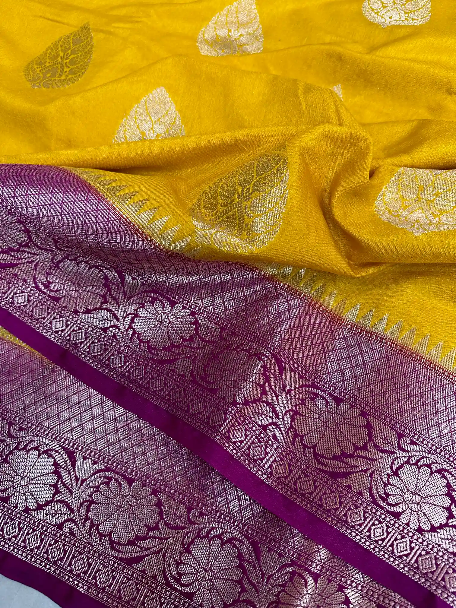 Light Mustard Chiniya Silk Banarasi Saree - Image 3