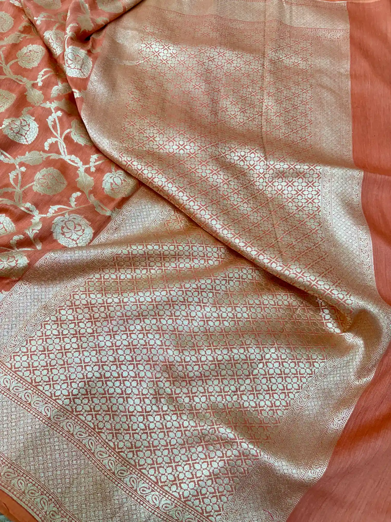 Light Orange Floral Munga Silk Banarasi Saree - Image 3
