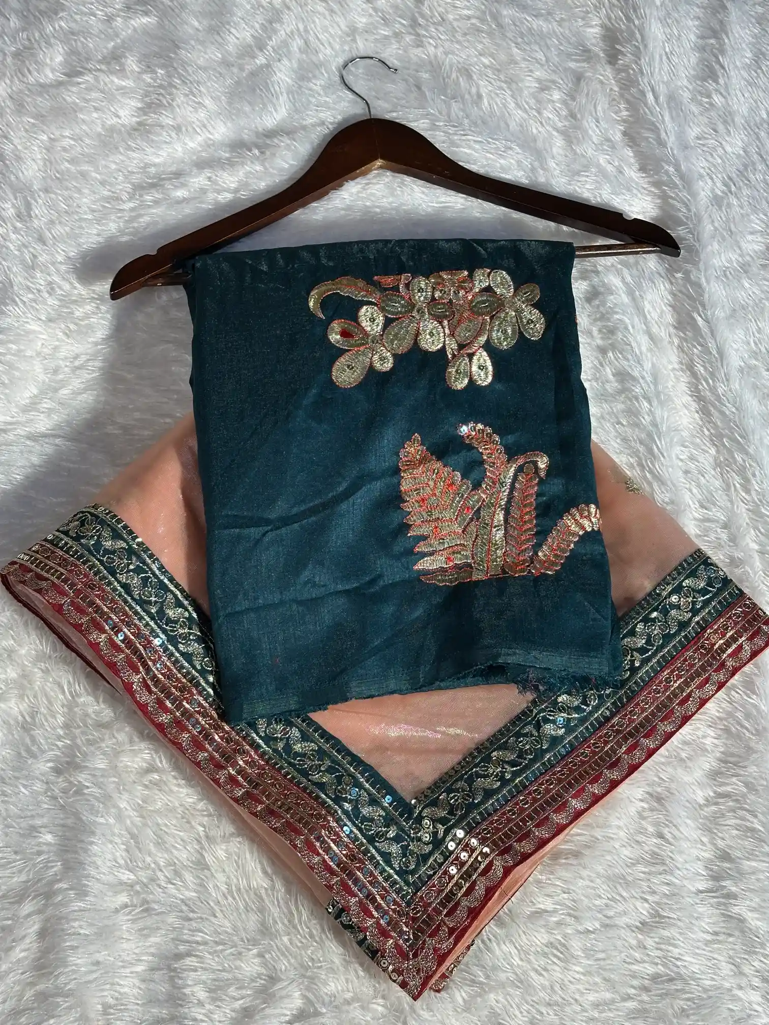 Light Peach Shimmery Tissue Silk Designer Saree - Image 7