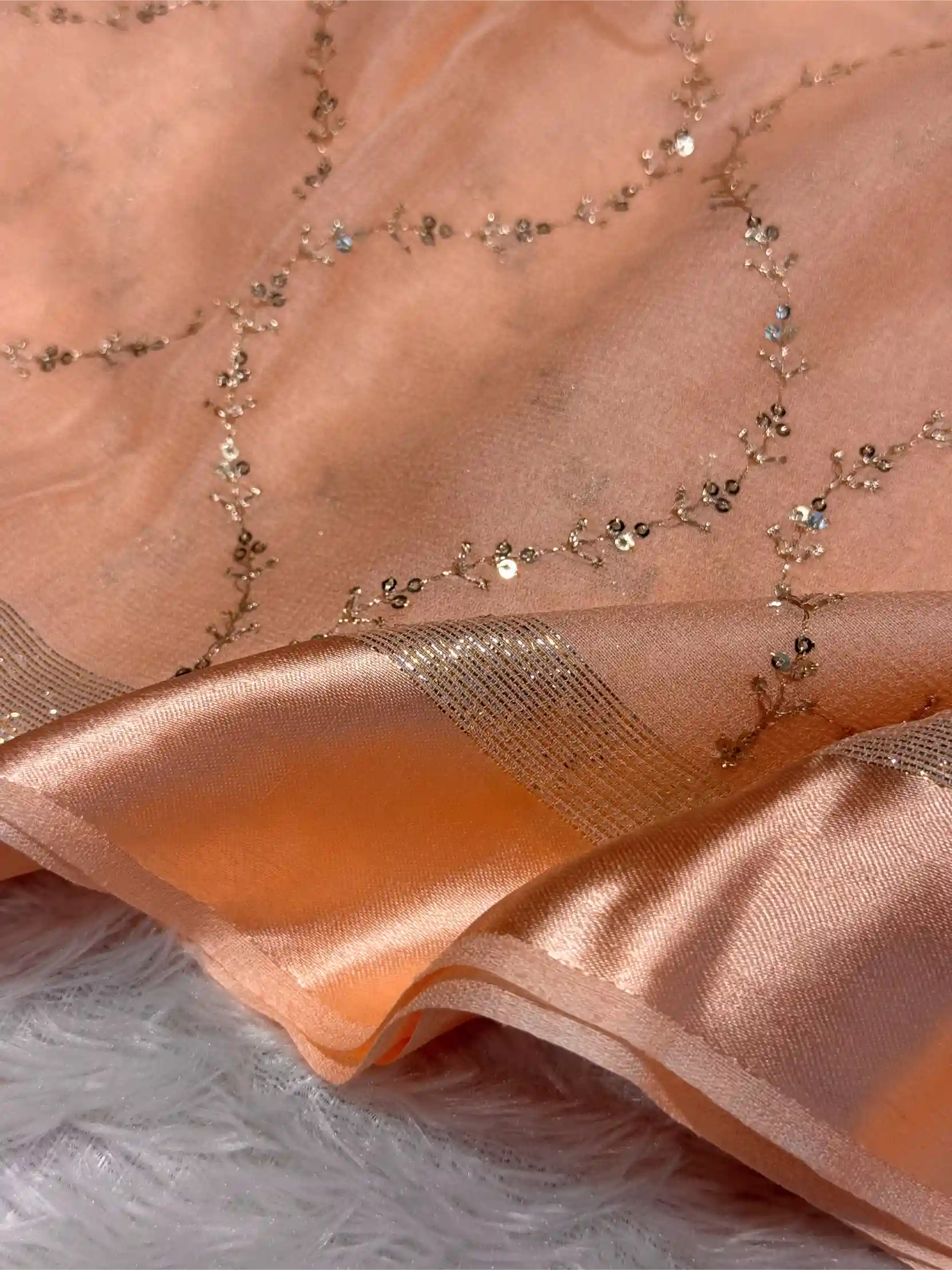 Light Peach Viscose Georgette Silk Embroidered Work Banarasi Saree - Image 3