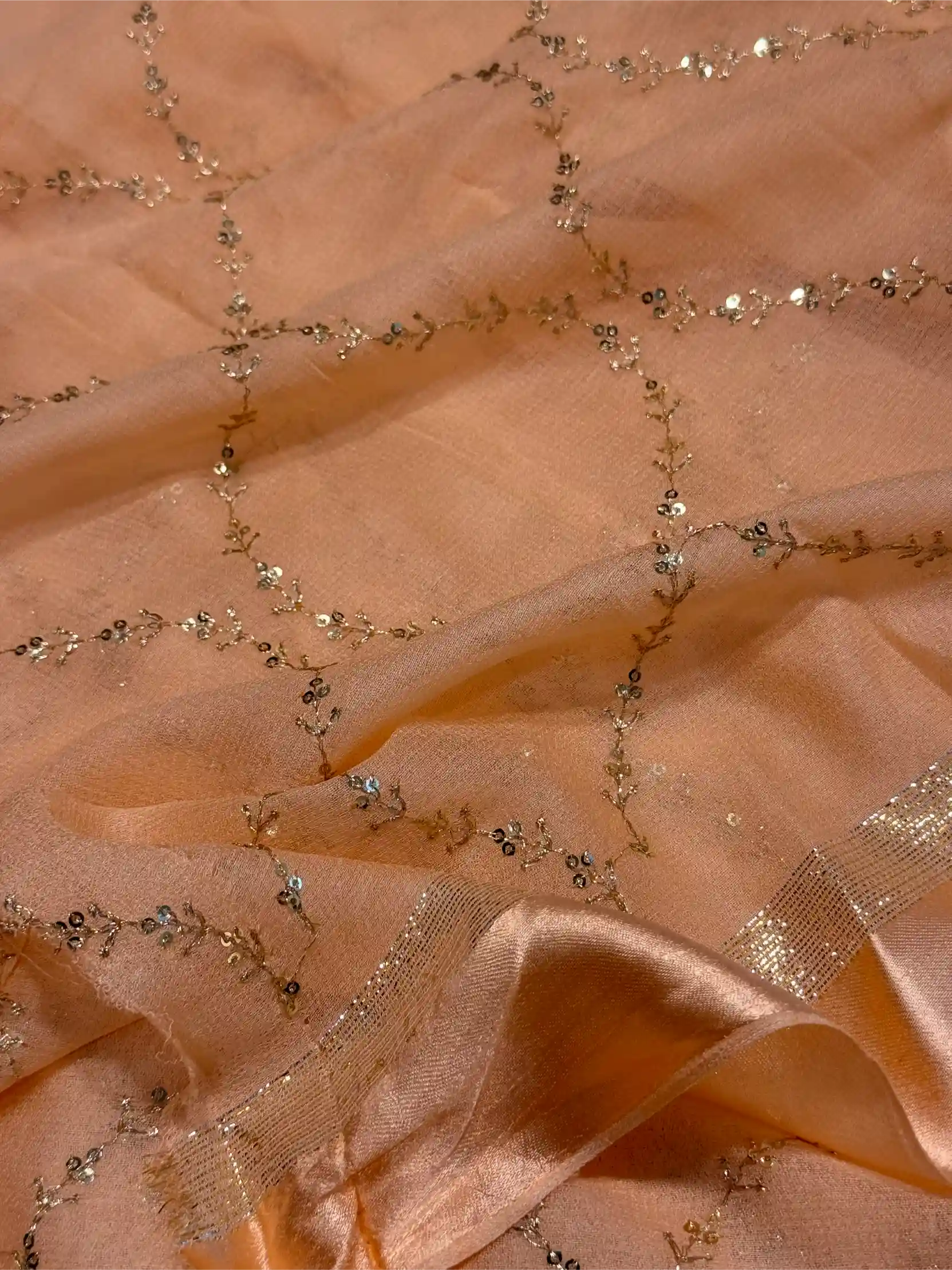 Light Peach Viscose Georgette Silk Embroidered Work Banarasi Saree - Image 4