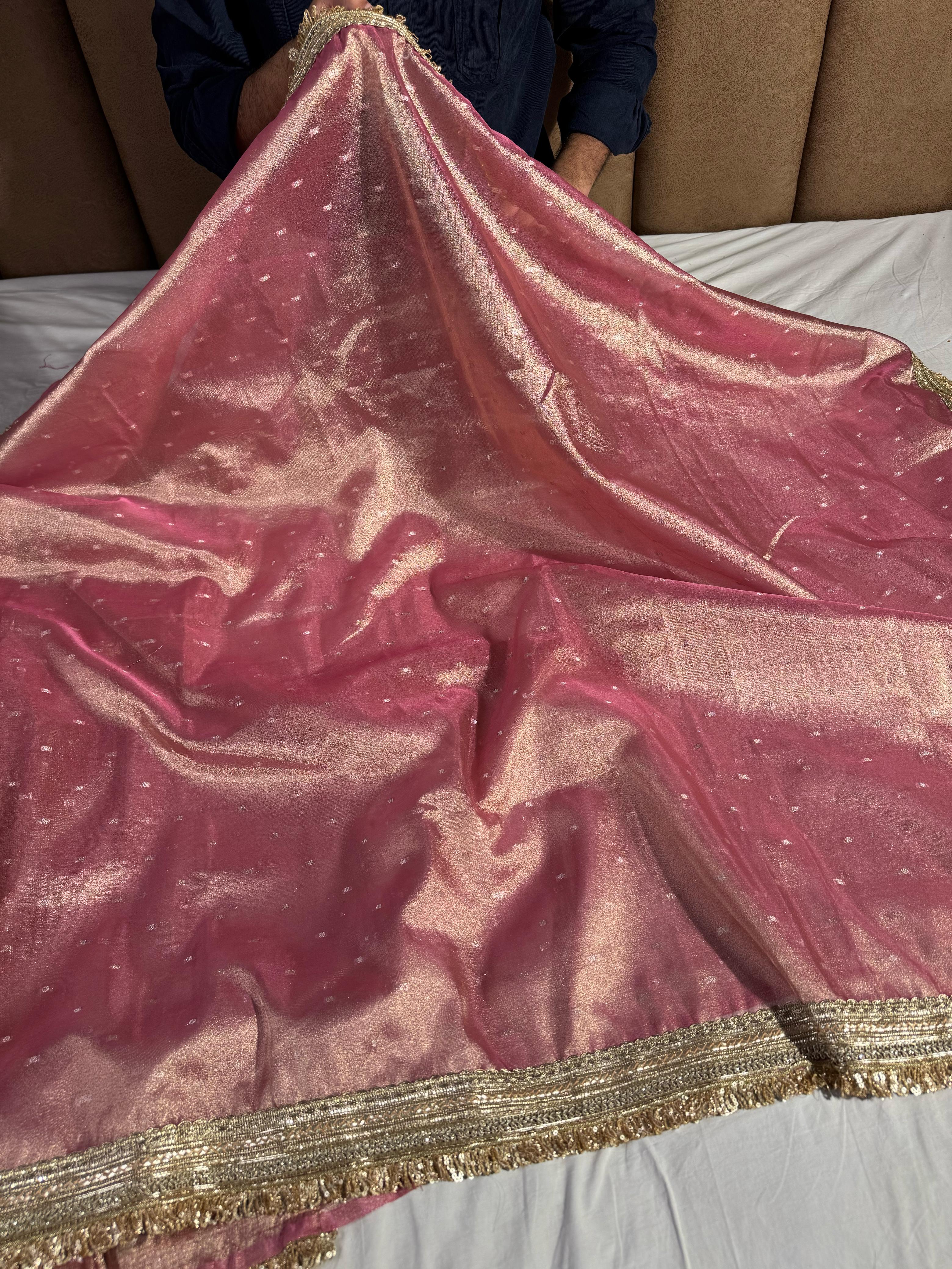 Light Pink Shade Tissue Silk Saree with Heavy Lace - Image 2