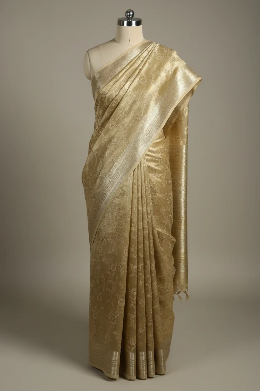 Light Tussar Gold Tissue Silk Chikankari Embroidery Work Banarasi Saree