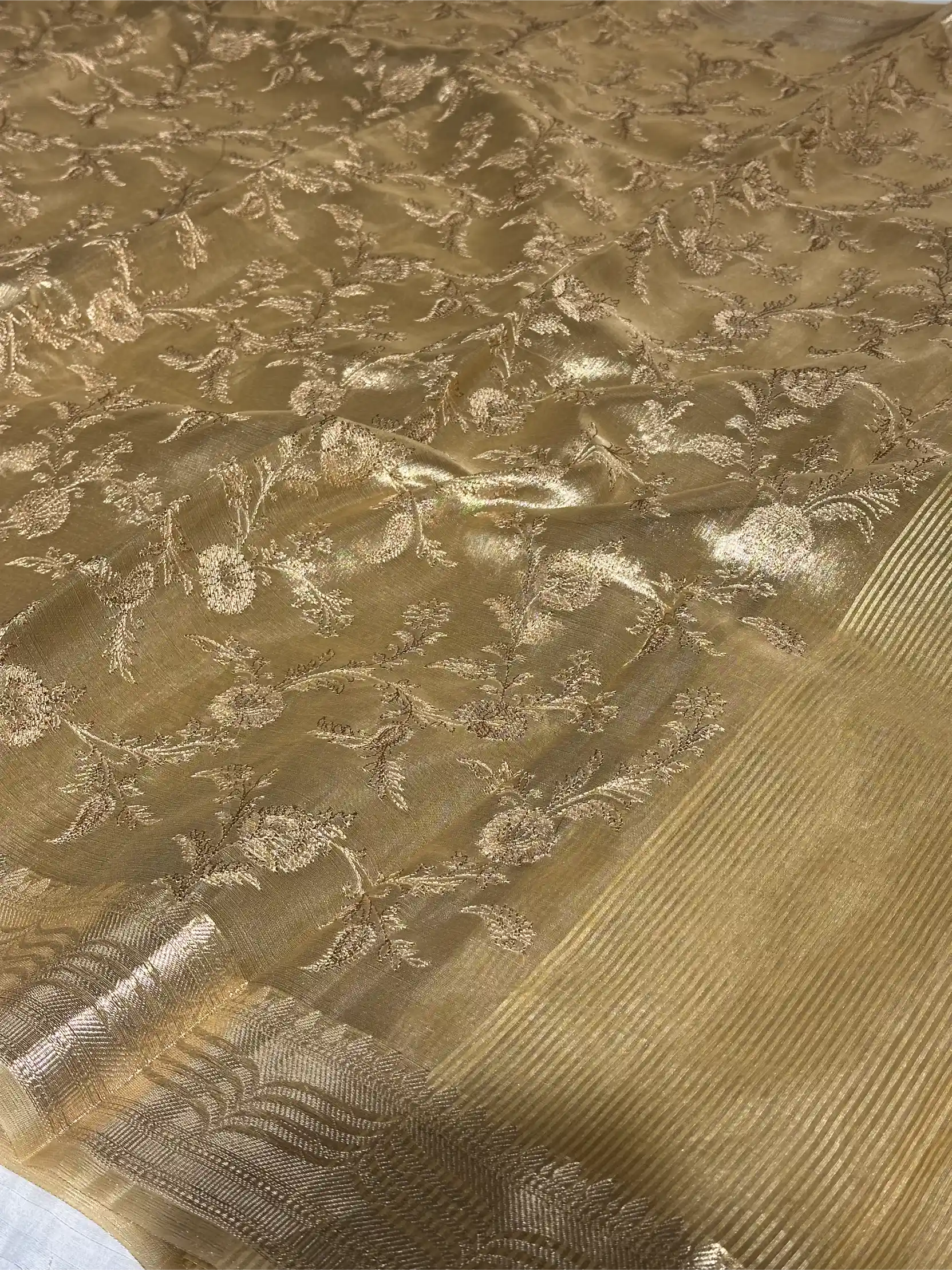 Light Tussar Gold Tissue Silk Chikankari Embroidery Work Banarasi Saree - Image 3