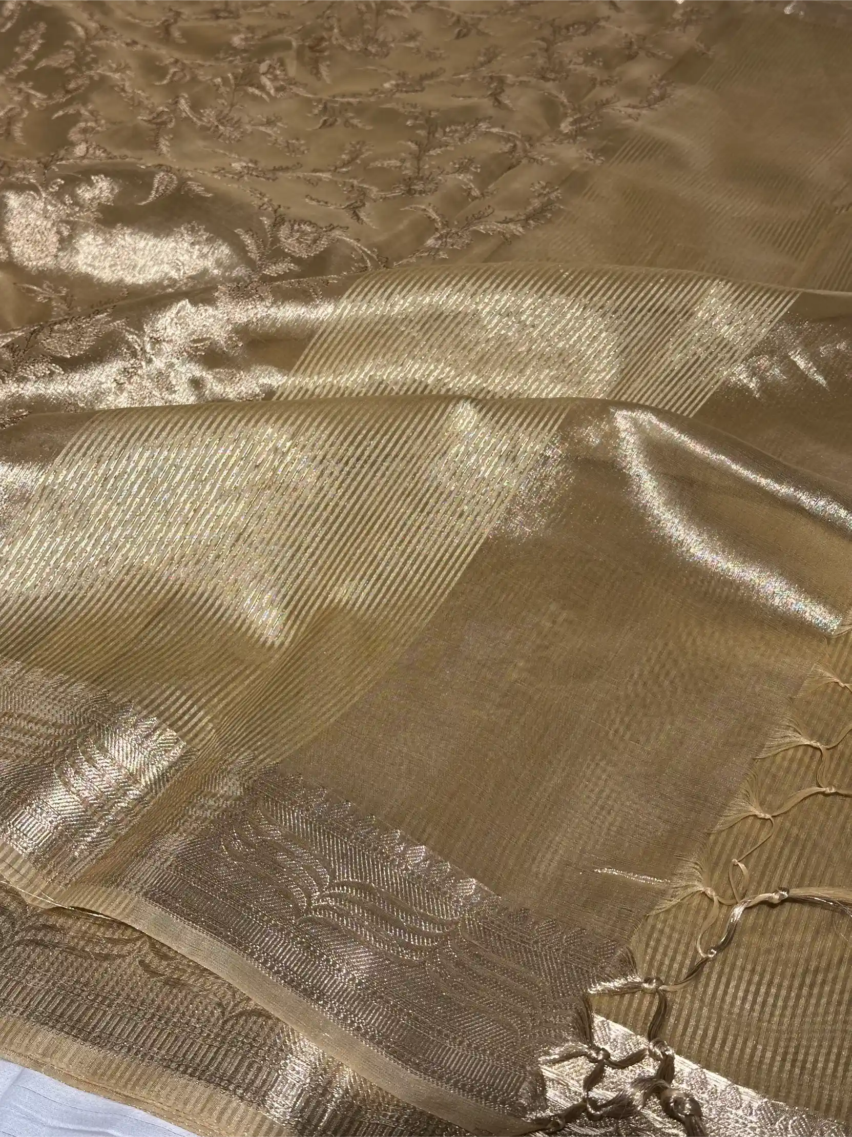 Light Tussar Gold Tissue Silk Chikankari Embroidery Work Banarasi Saree - Image 4