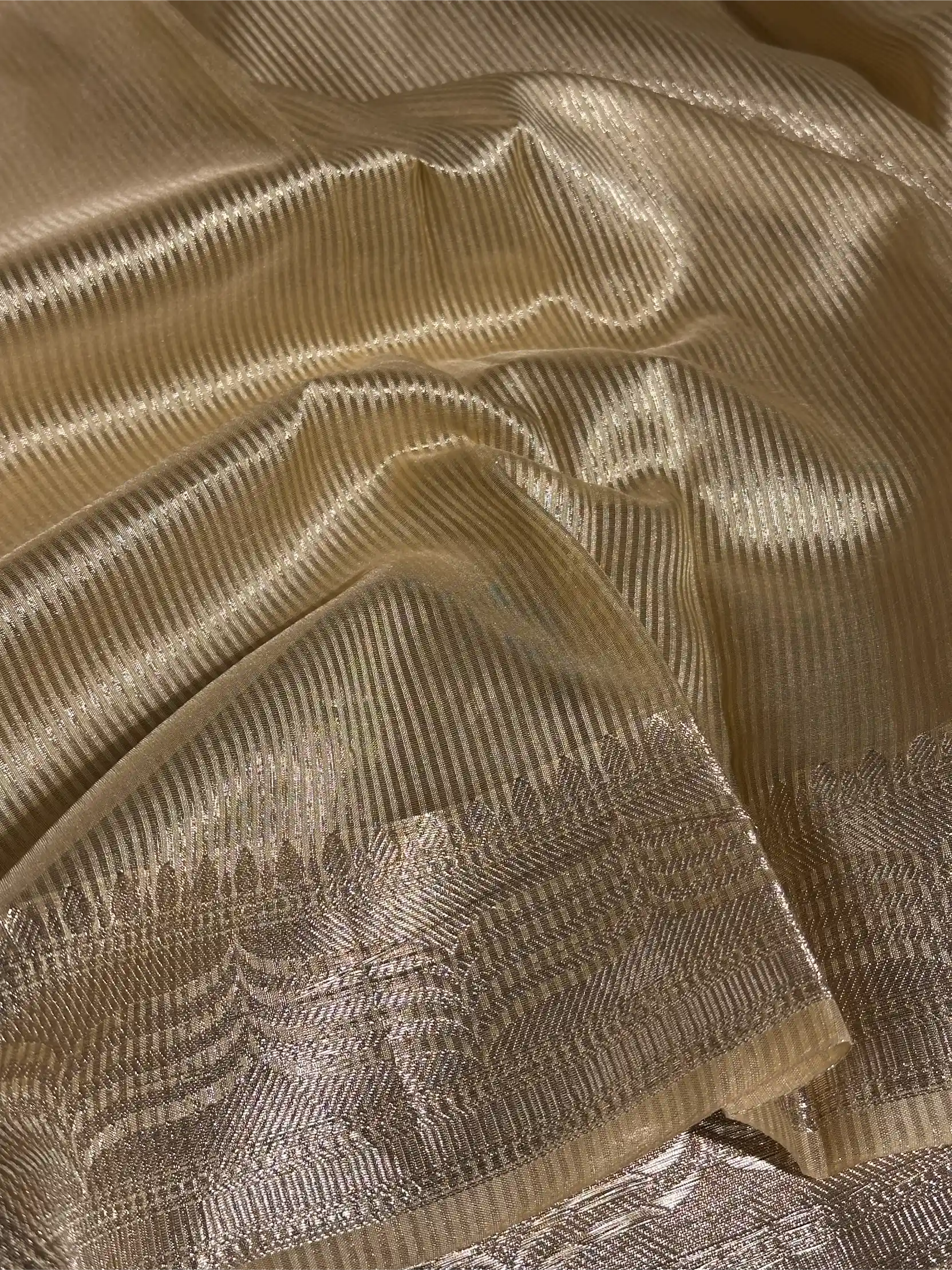 Light Tussar Gold Tissue Silk Chikankari Embroidery Work Banarasi Saree - Image 5