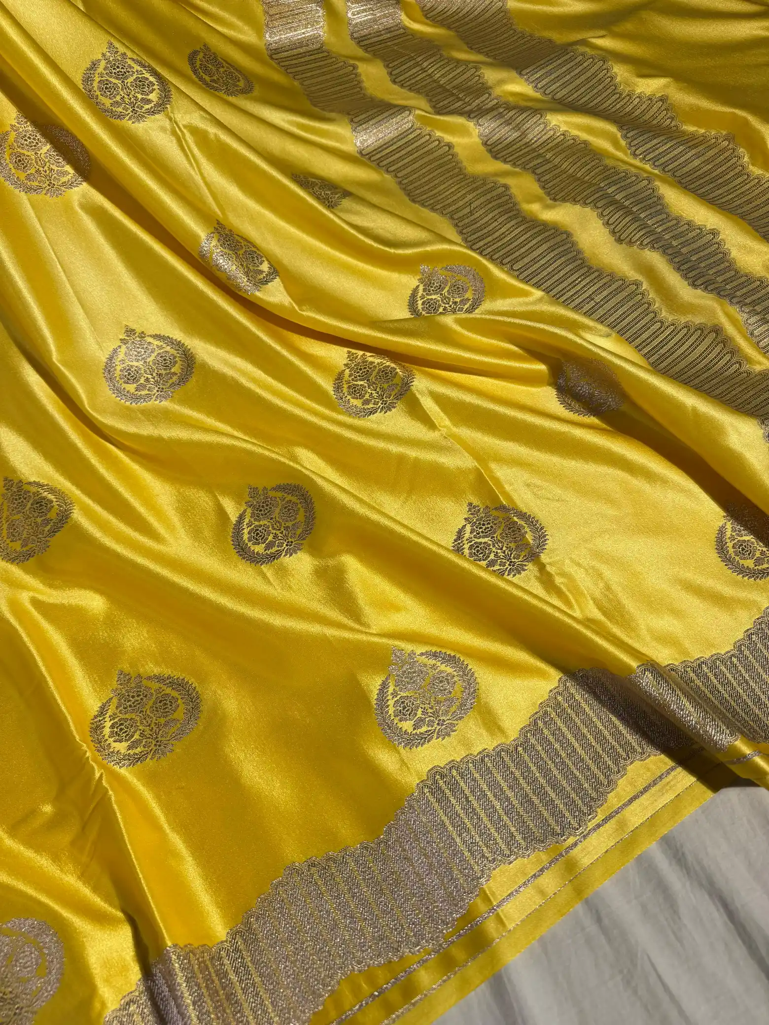 Light Yellow Banarasi Mashru Katan Silk Saree with Rich Pallu and Blouse - Image 2
