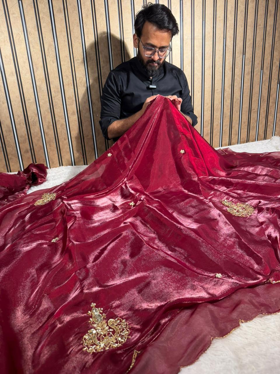 Maroon Shimmery Tissue Silk Handwork Saree - Image 3