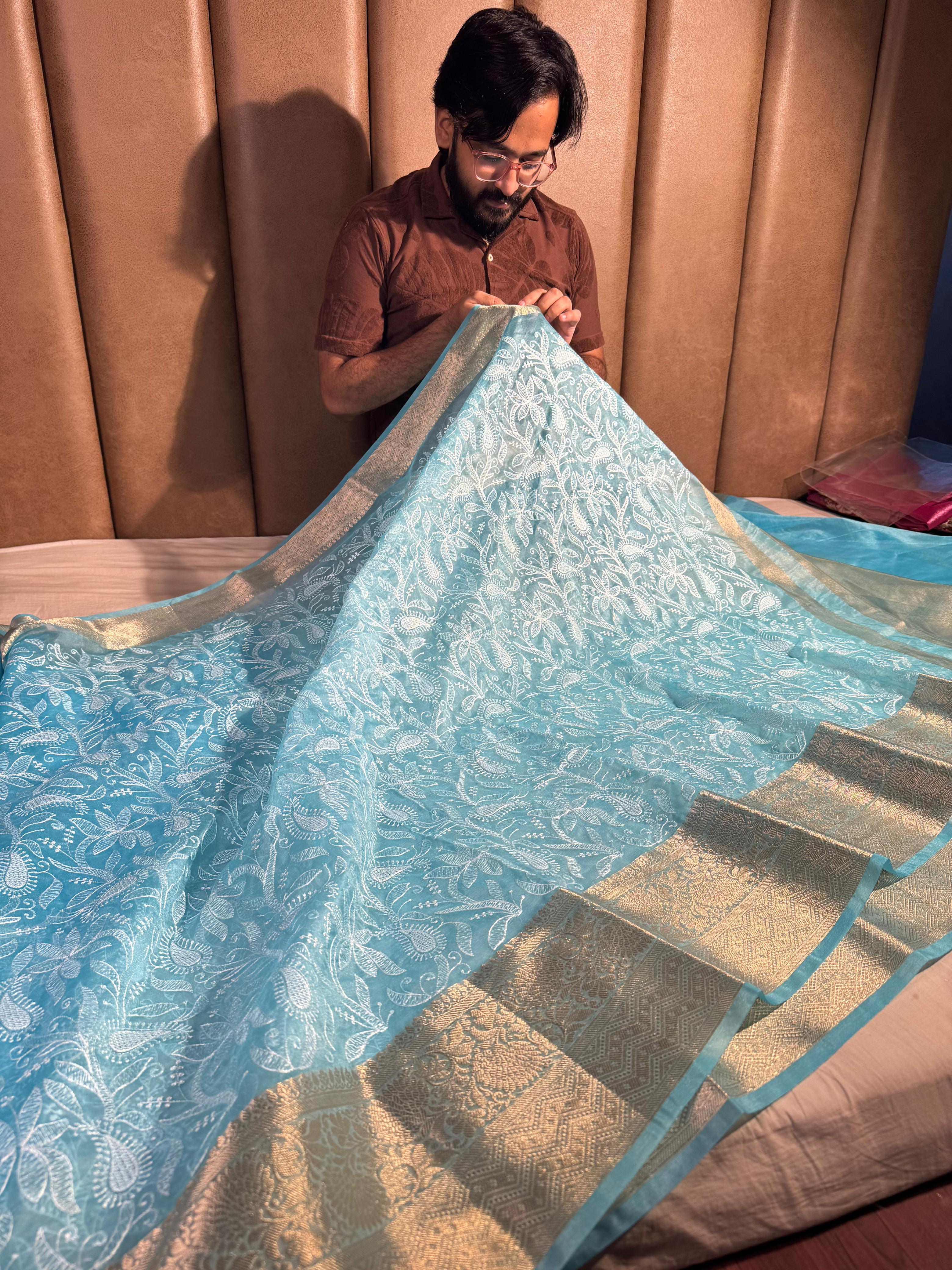 Pastel Sky Blue Organza Silk Chikankari Work Banarasi Saree - Image 3