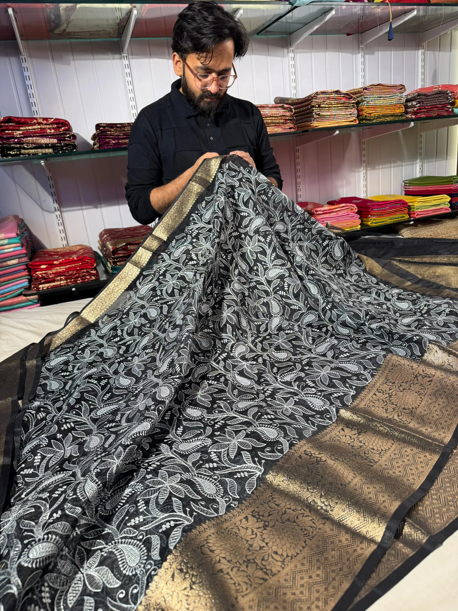 Black Organza Silk Chikankari Work Banarasi Saree - Image 3