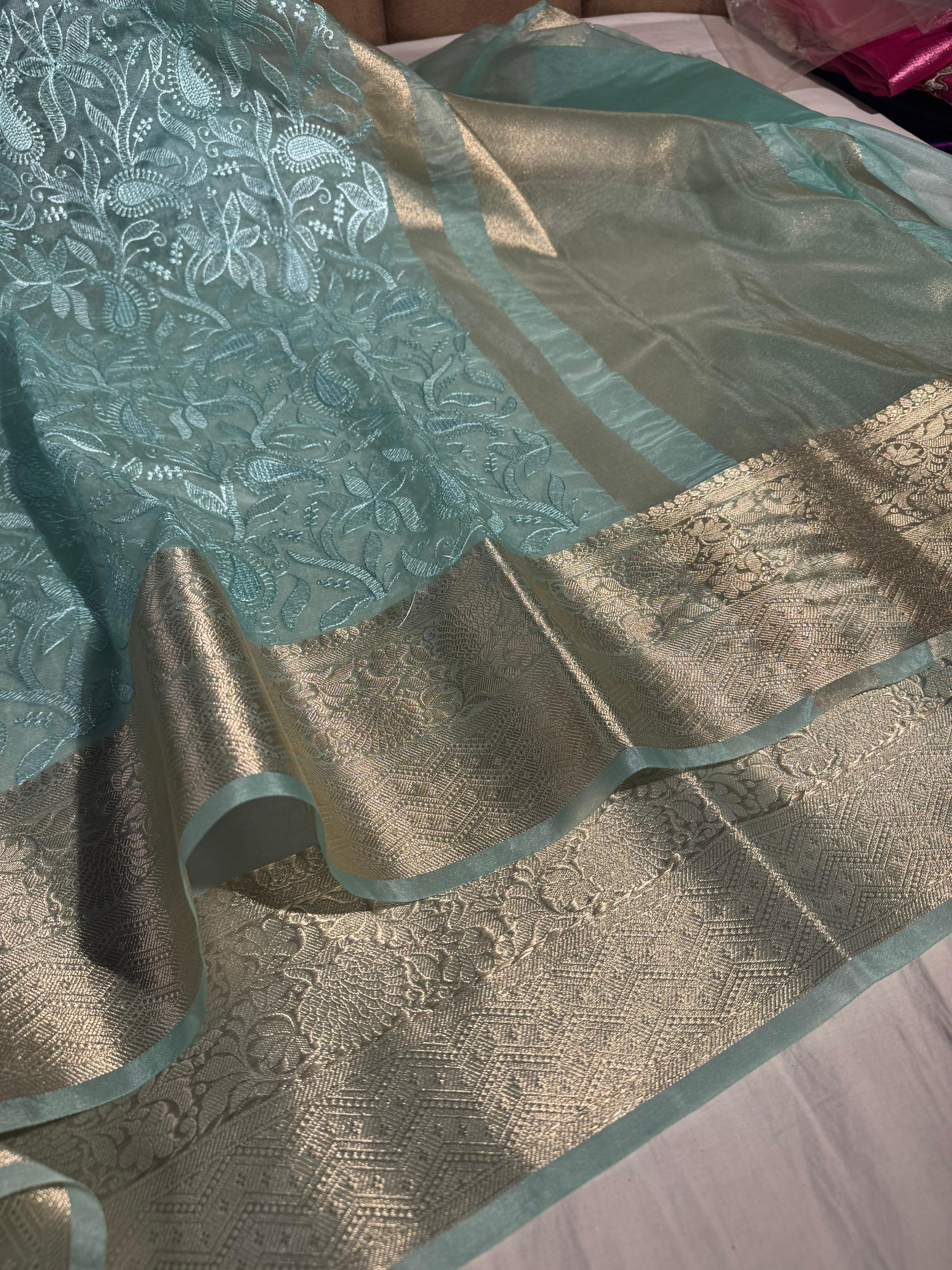 Pastel Sea Green Organza Silk Chikankari Work Banarasi Saree - Image 2