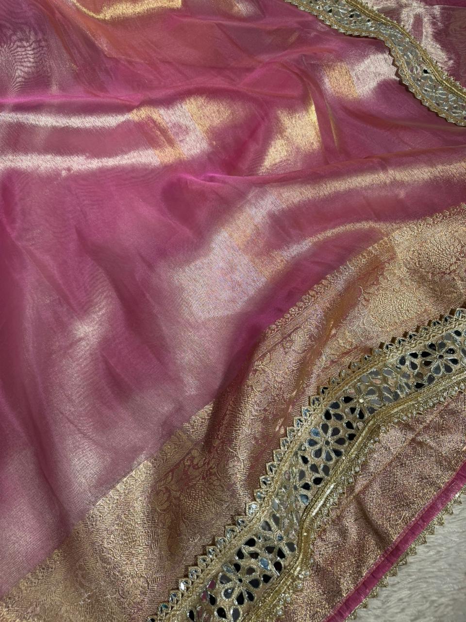 Metallic Baby Pink Bridal Tissue Silk Mirror Work Banarasi Saree - Image 2