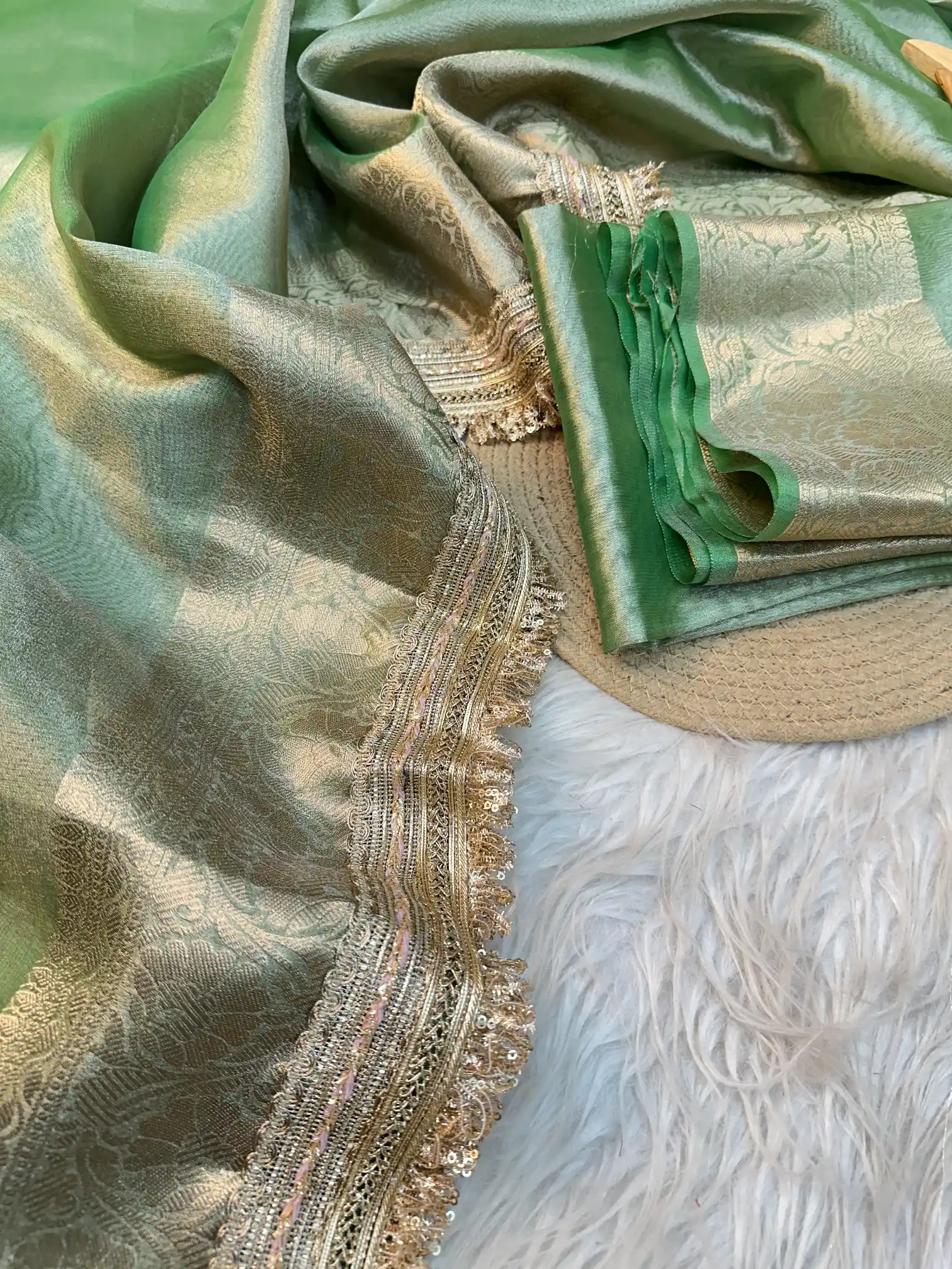 Metallic Green Banarasi Tissue Silk Saree with Exclusive Lace Work - Image 2