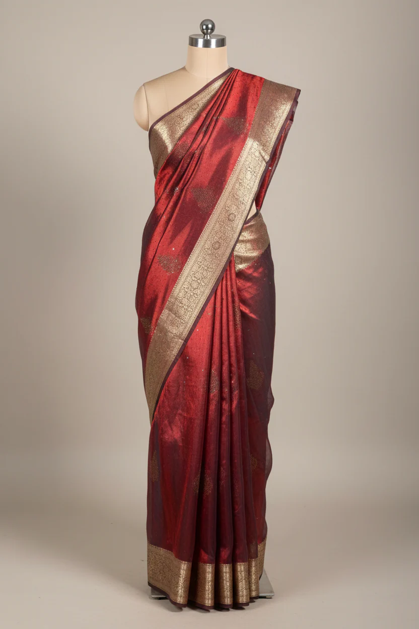Metallic Carmine Red Tissue Silk Swarovski Work Banarasi Saree - Image 2