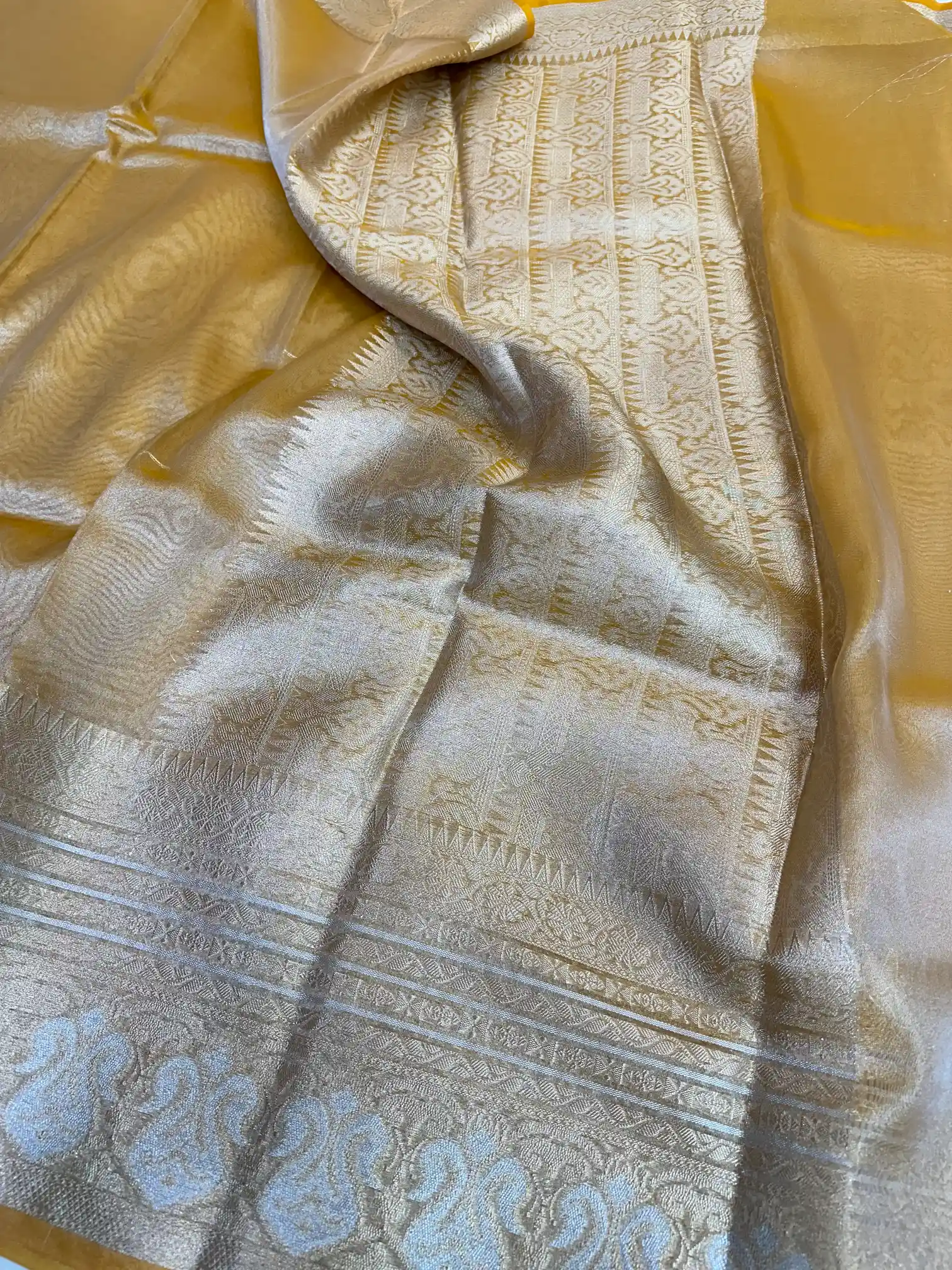 Metallic Mustard Glass Tissue Silk Banarasi Saree - Image 3