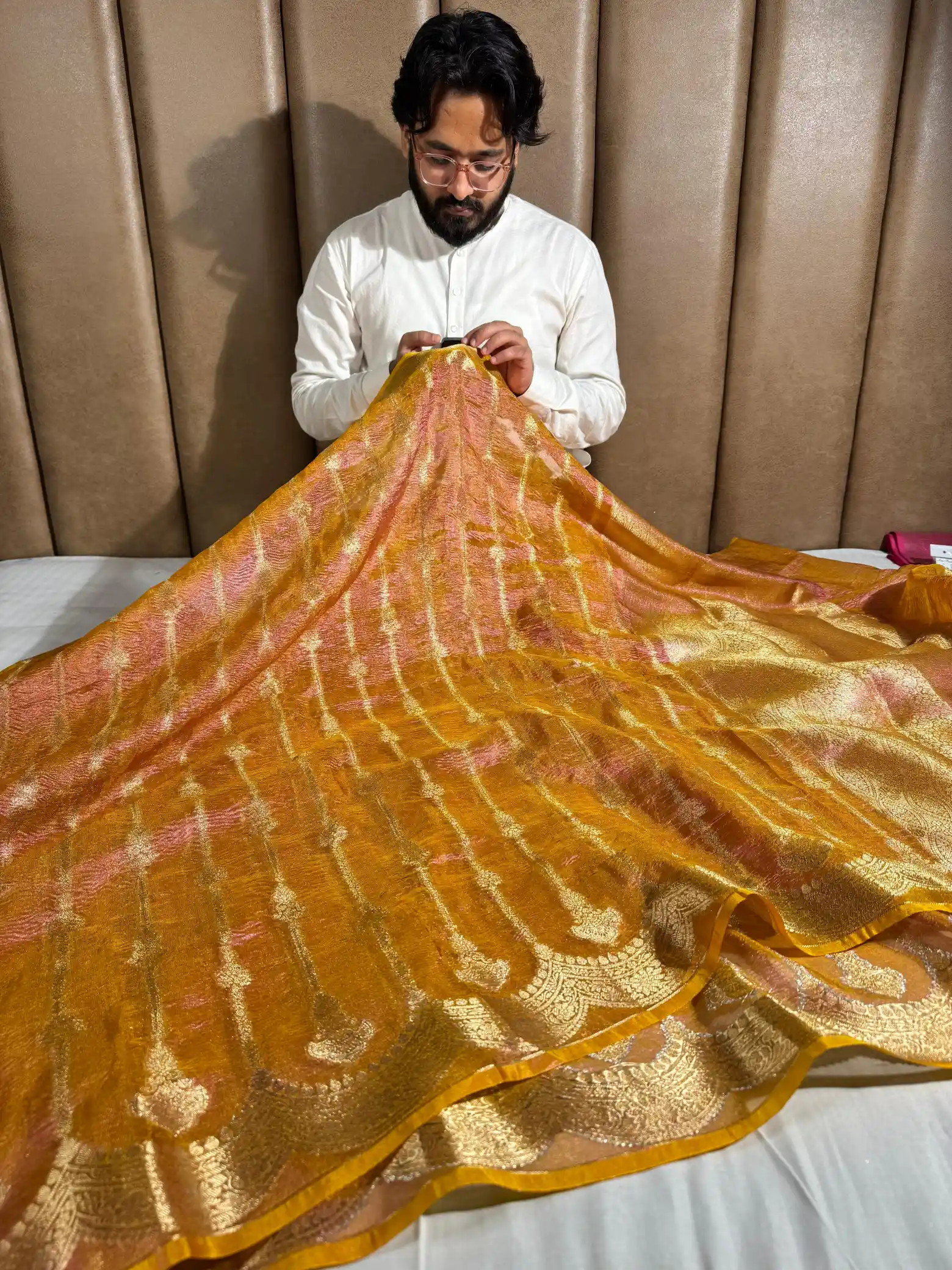Metallic Mustard Yellow crush tissue silk saree with rich pallu and blouse