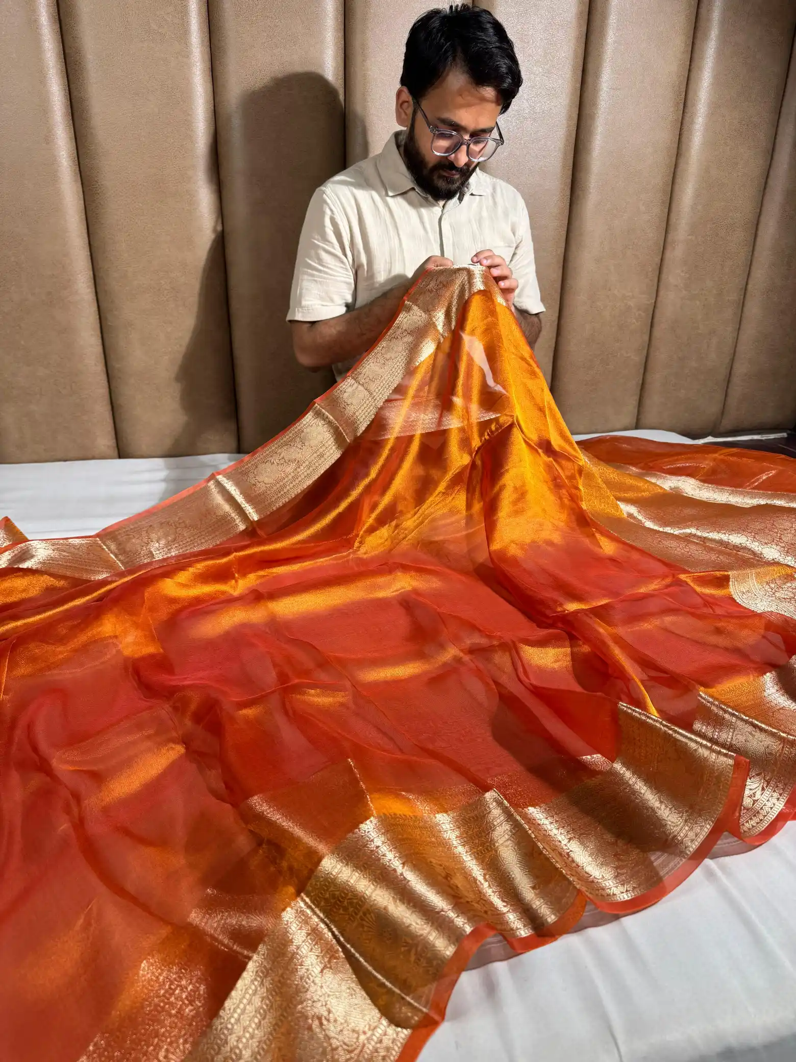 Metallic orange pure tissue silk Banarasi saree - Image 3