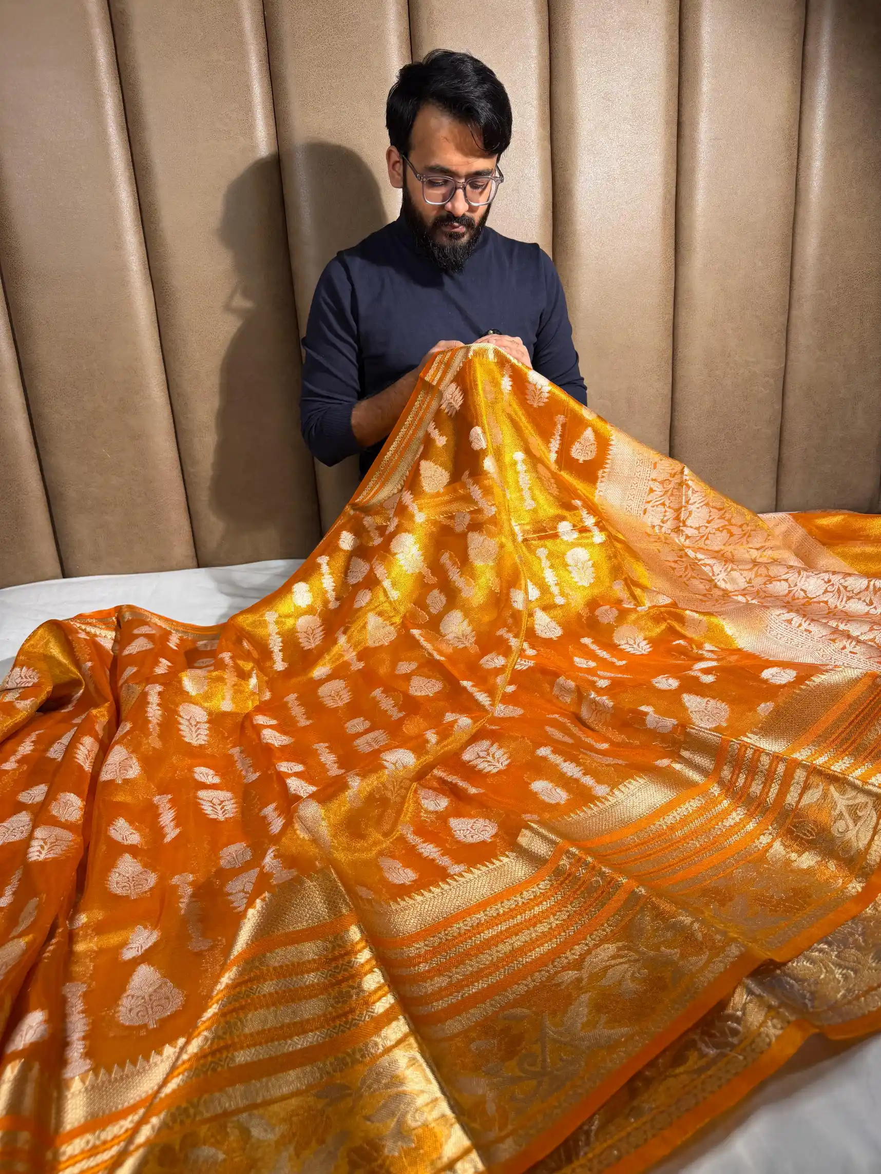 Metallic Orange Soft Tissue Silk Traditional Banarasi Saree - Image 3