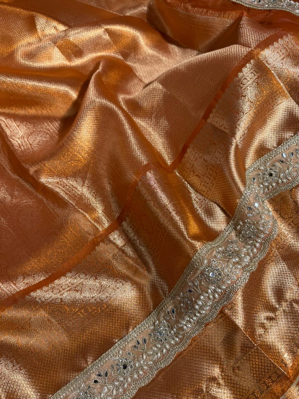 Metallic Orange Tissue Kanjivaram Brocade Heavy Gota Lace Attached Banarasi Saree - Image 2