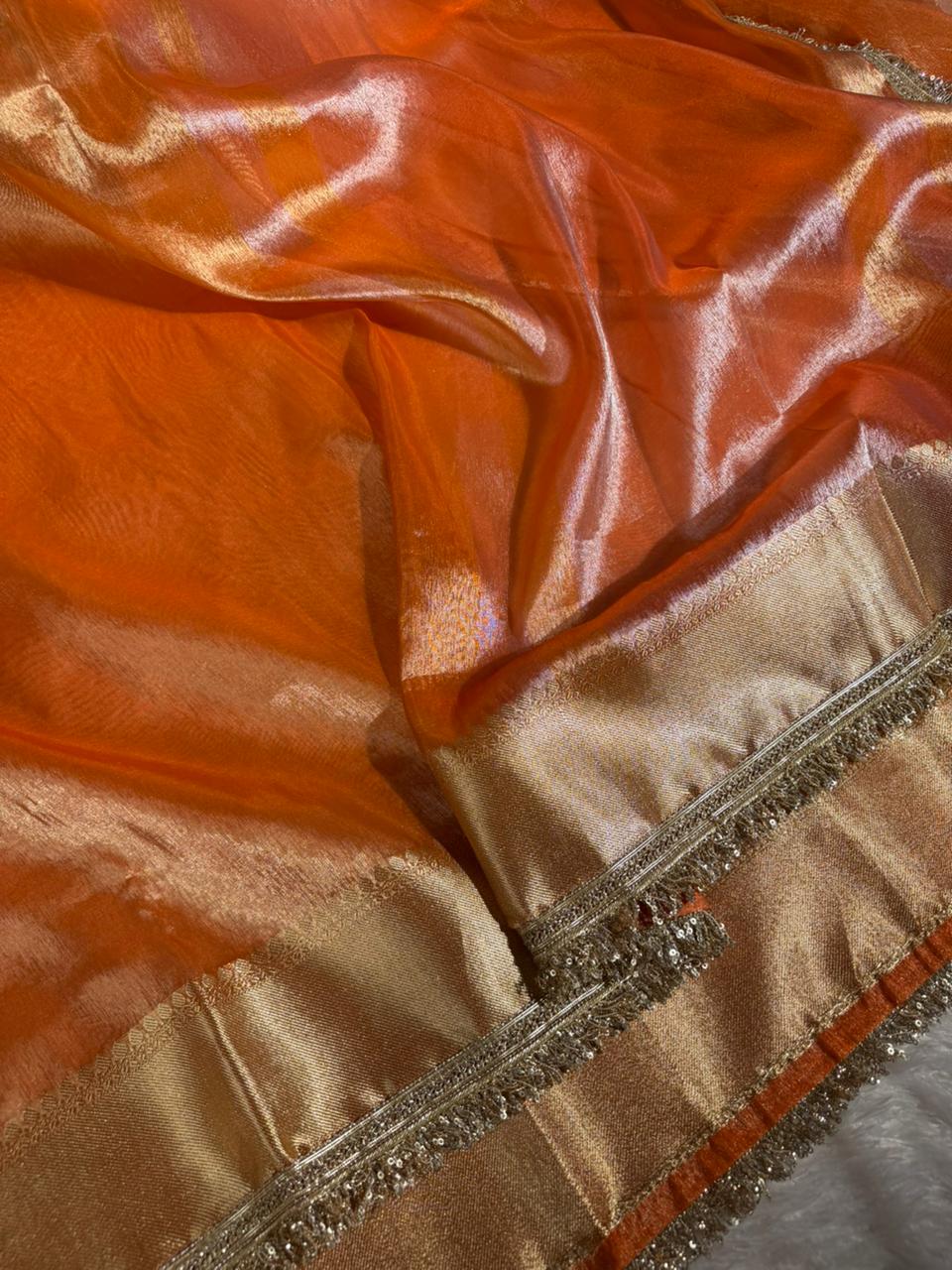 Metallic Orange Tissue Silk Designer Heavy Lace Banarasi Saree - Image 2