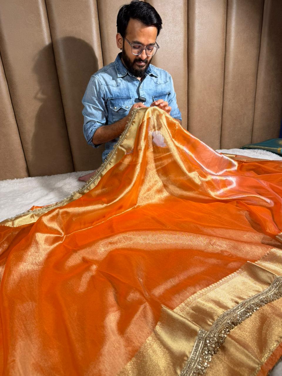 Metallic Orange Tissue Silk Designer Heavy Lace Banarasi Saree - Image 3