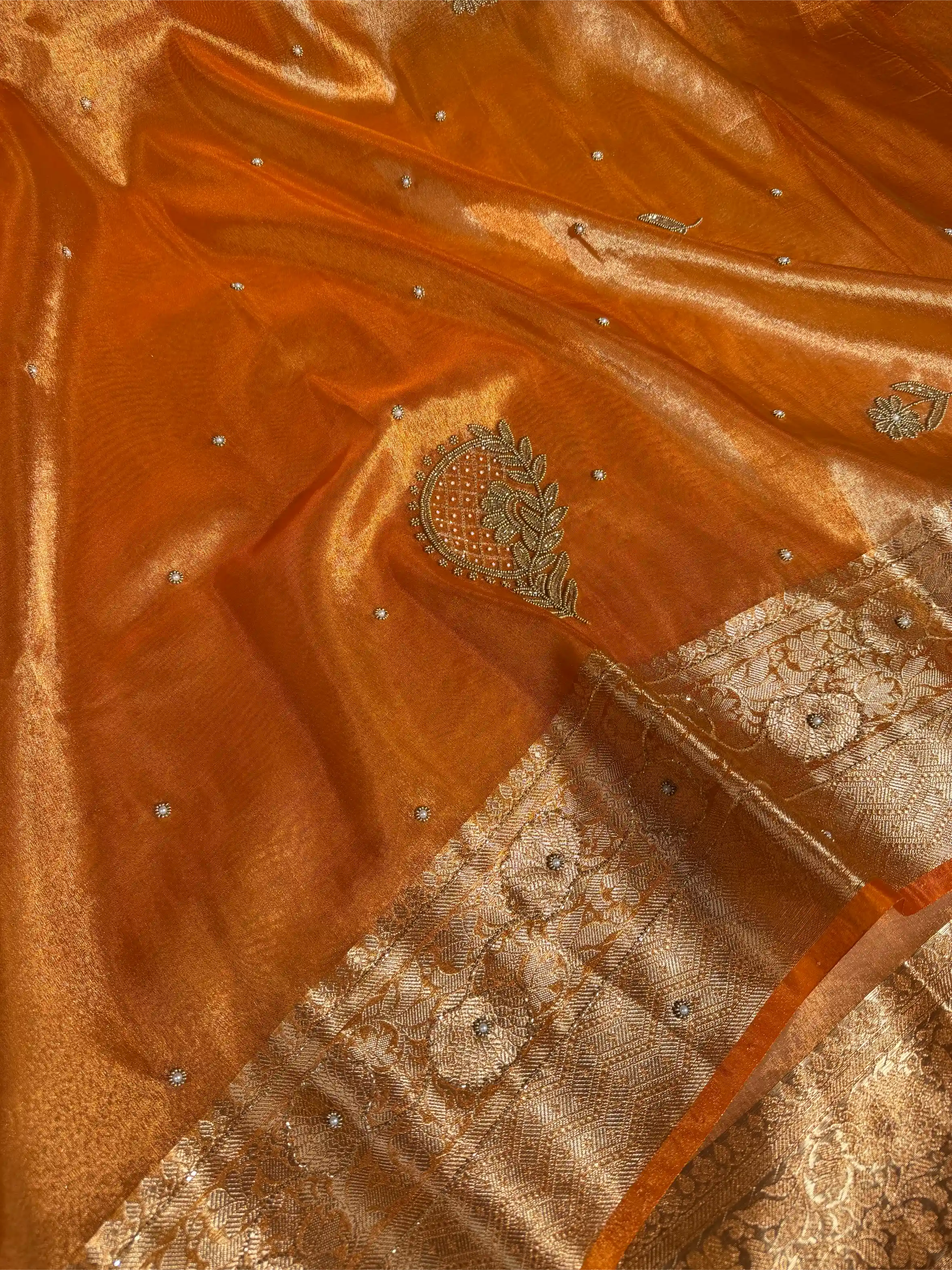 Metallic Orange Tissue Silk Premium Handwork Banarasi Saree - Image 2