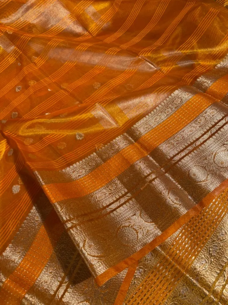 Metallic orange traditional tissue silk Banarasi saree - Image 2