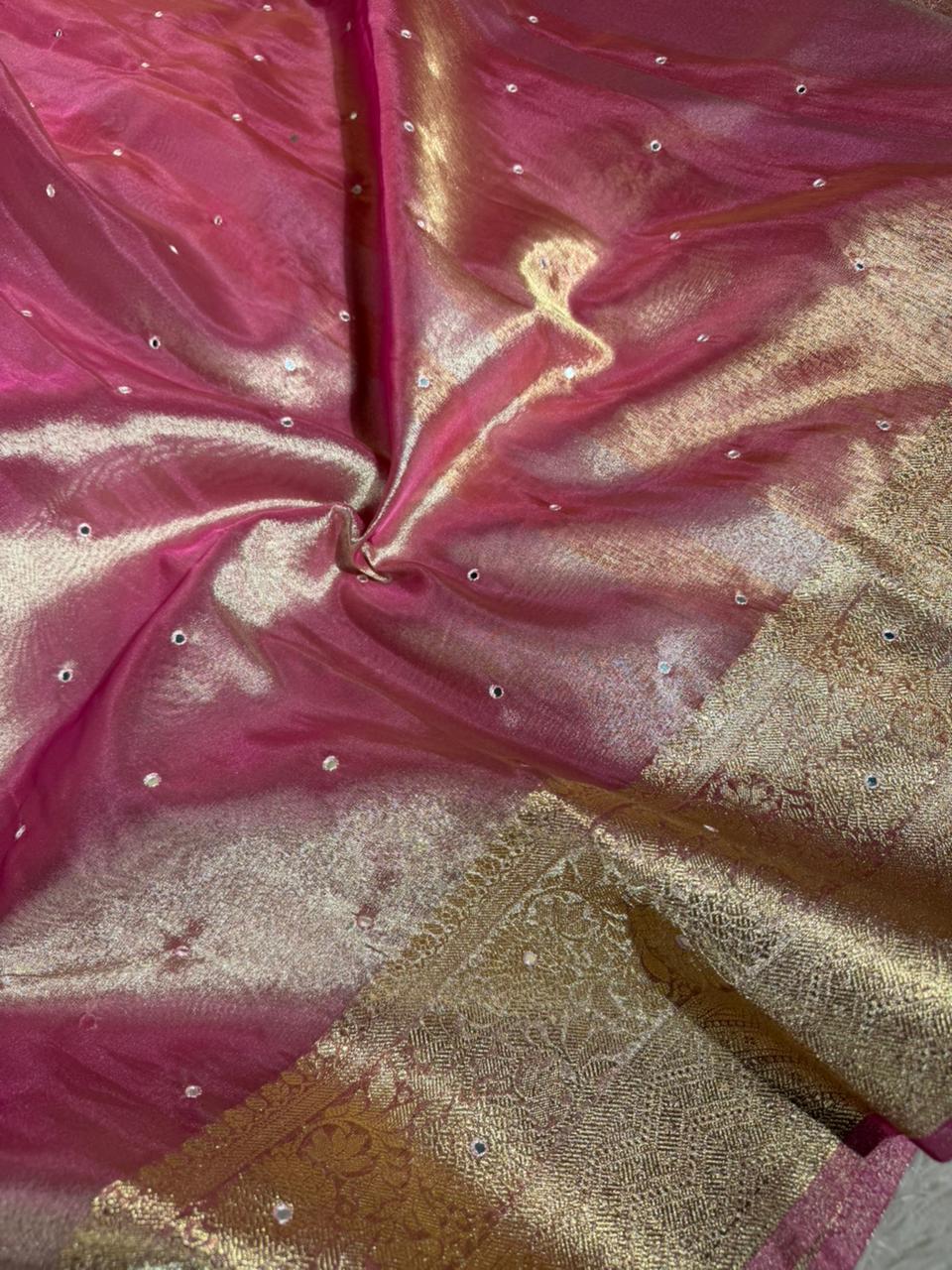 Metallic Pink Kora Tissue Mirror Work Banarasi Saree - Image 2