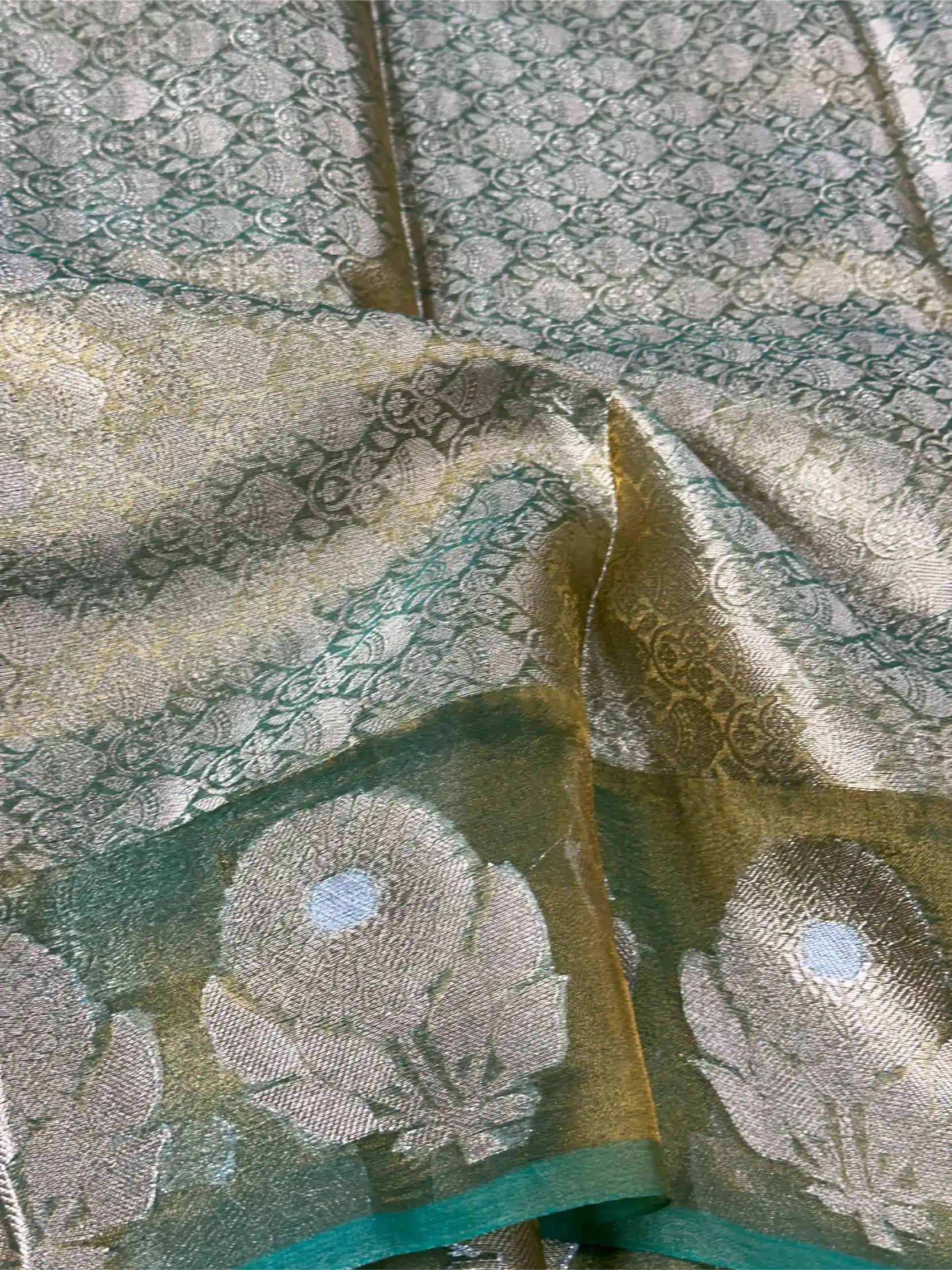 Metallic Sea Green Kora Tissue Silk Dhoop Chaun Weave Contemporary Banarasi Saree - Image 4