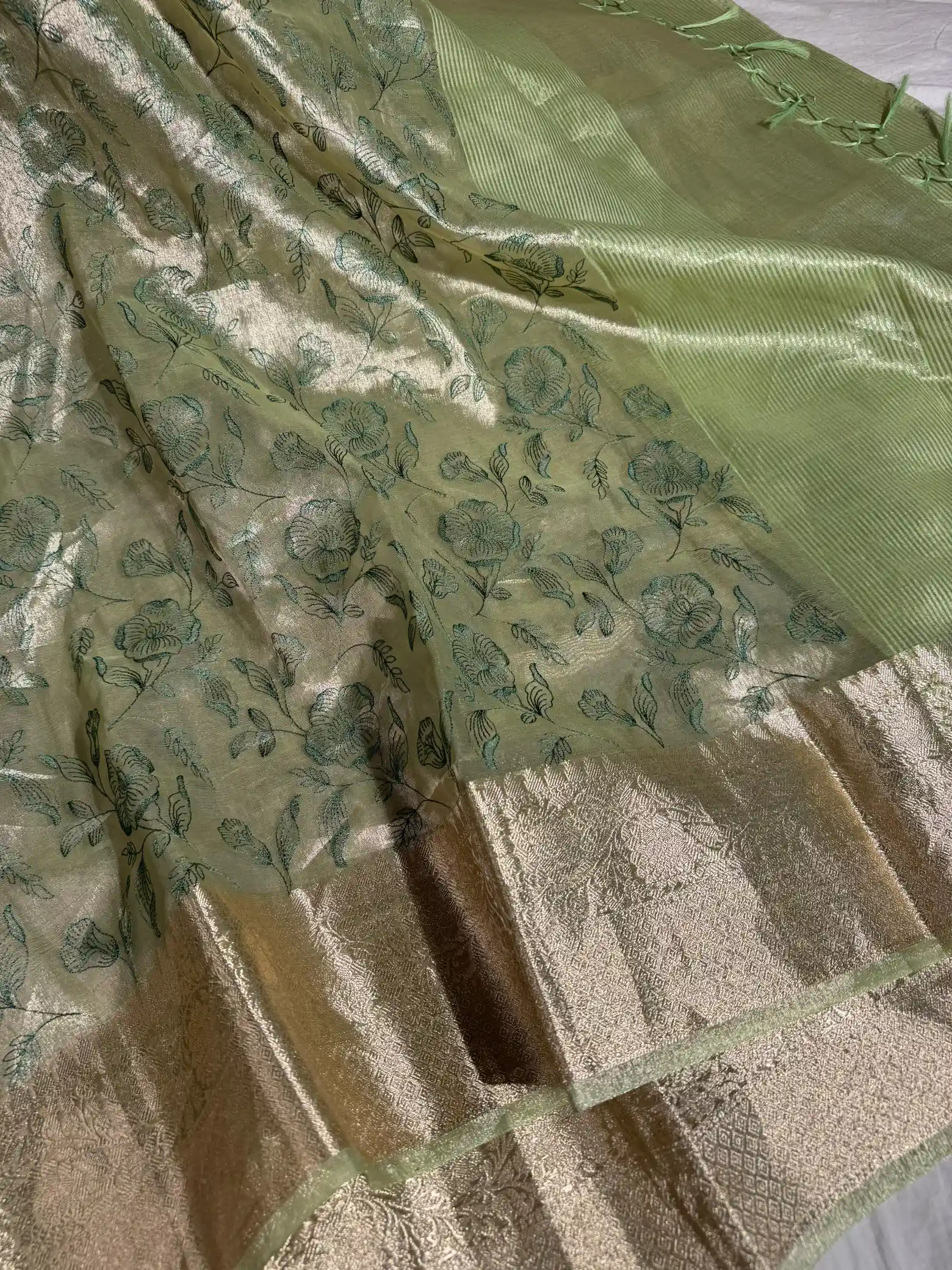 Metallic Teal Green Banarasi Tissue Chikankari Saree with Rich Pallu & Blouse - Image 2
