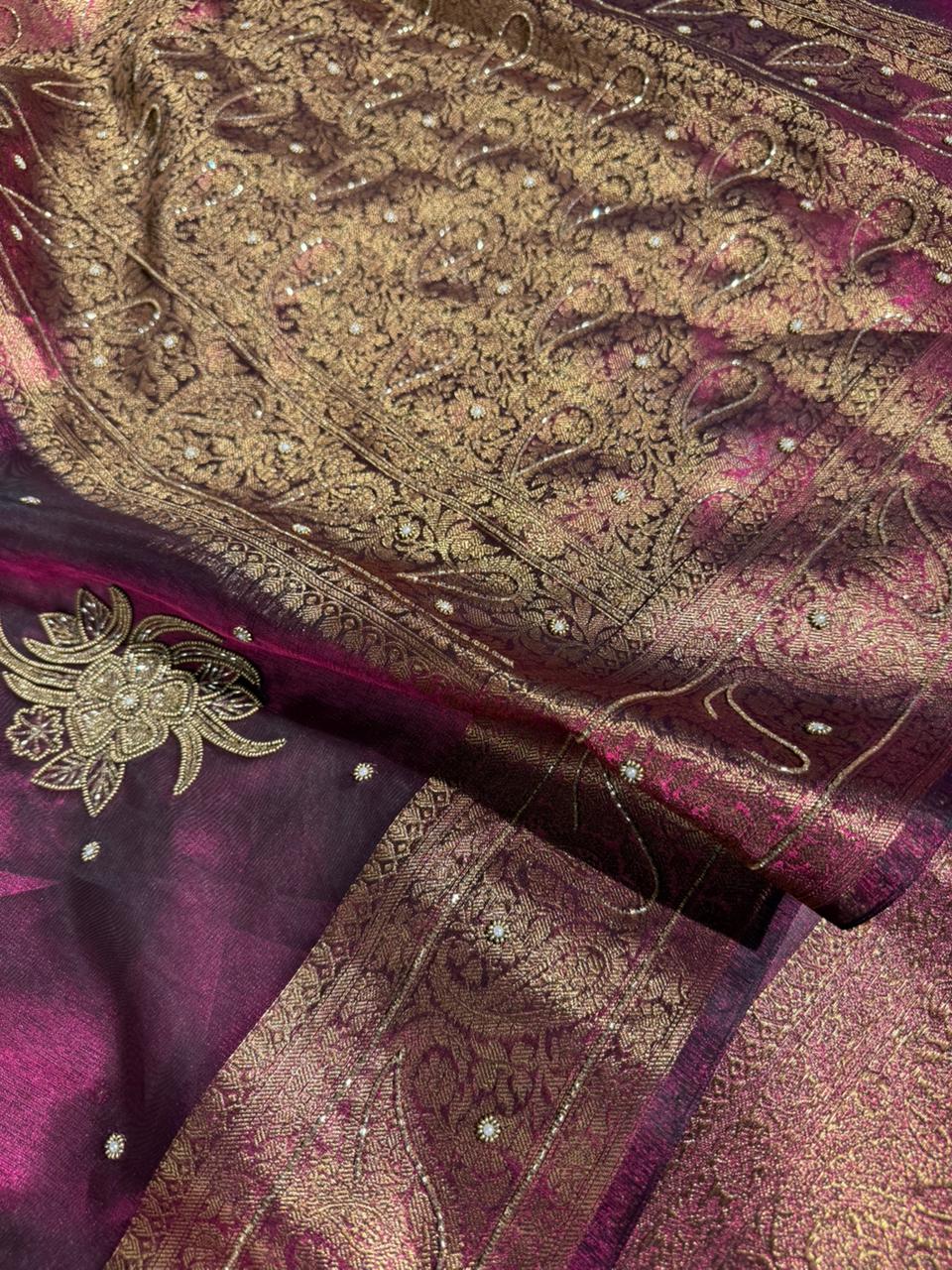 Metallic Violet Kora Tissue Handwork Banarasi Saree - Image 2