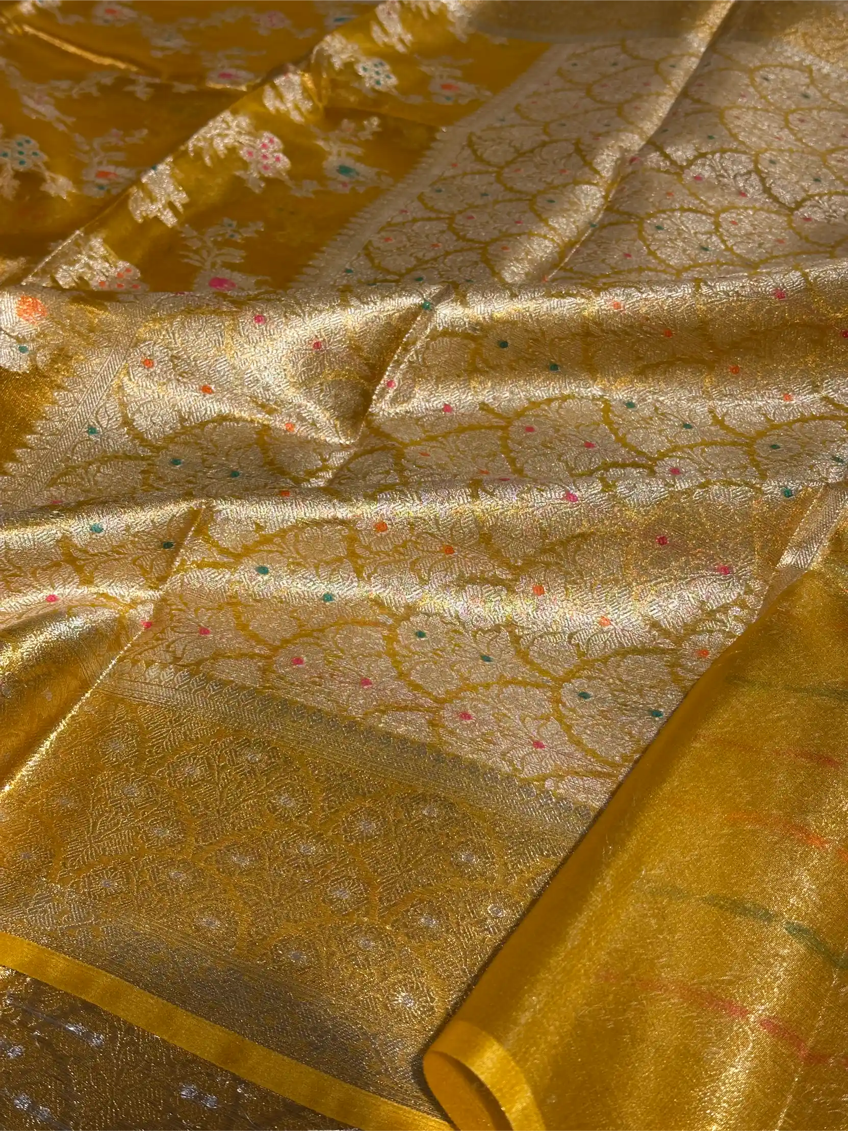 Metallic Yellow Tissue Silk Heritage Intricate Meena Weave Banarasi Saree - Image 4