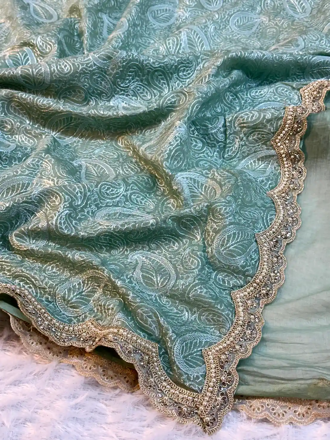 Mint Green Pure Mul Chanderi Chikankari Embroidery Saree - Image 4