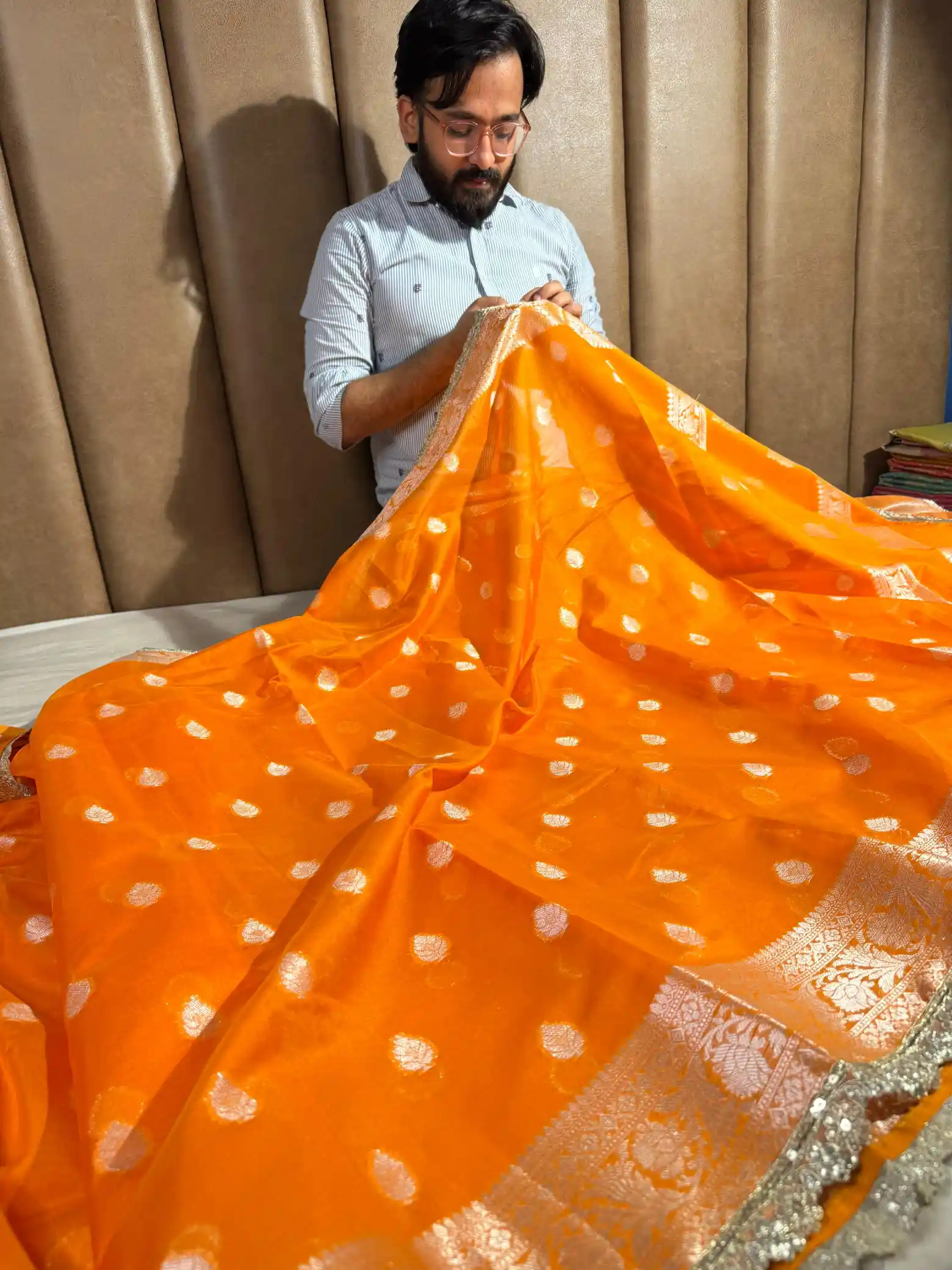 Most Popular Orange Banarasi Khaddi Buti Soft Silk Saree with Lace Work - Image 3