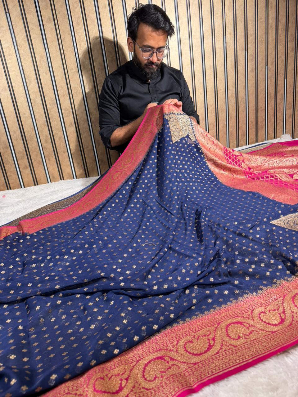 Navy Blue Contrast Pure Crepe Georgette Silk Heritage Antique Zari Weave Banarasi Sare - Image 3