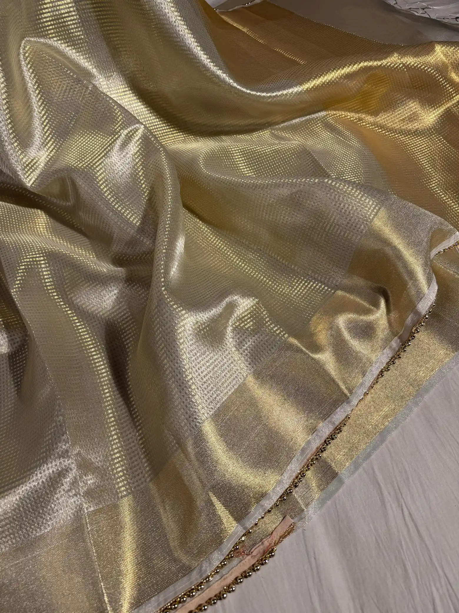 Nayanthara Mam Inspired Tissue Silk Saree with Lace Moti Work - Image 2