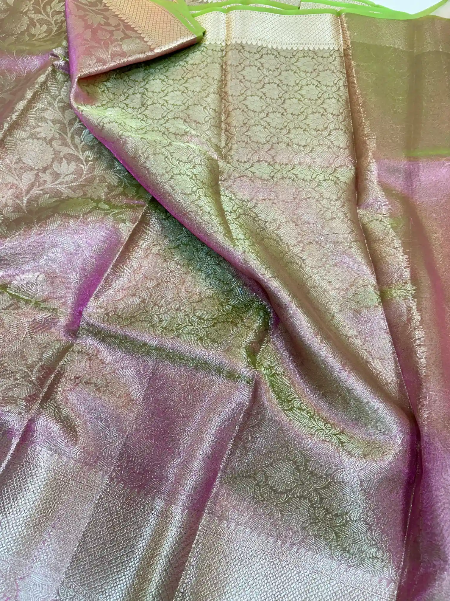 Neon Pink Kubera Pattu Glass Tissue Silk Saree - Image 3