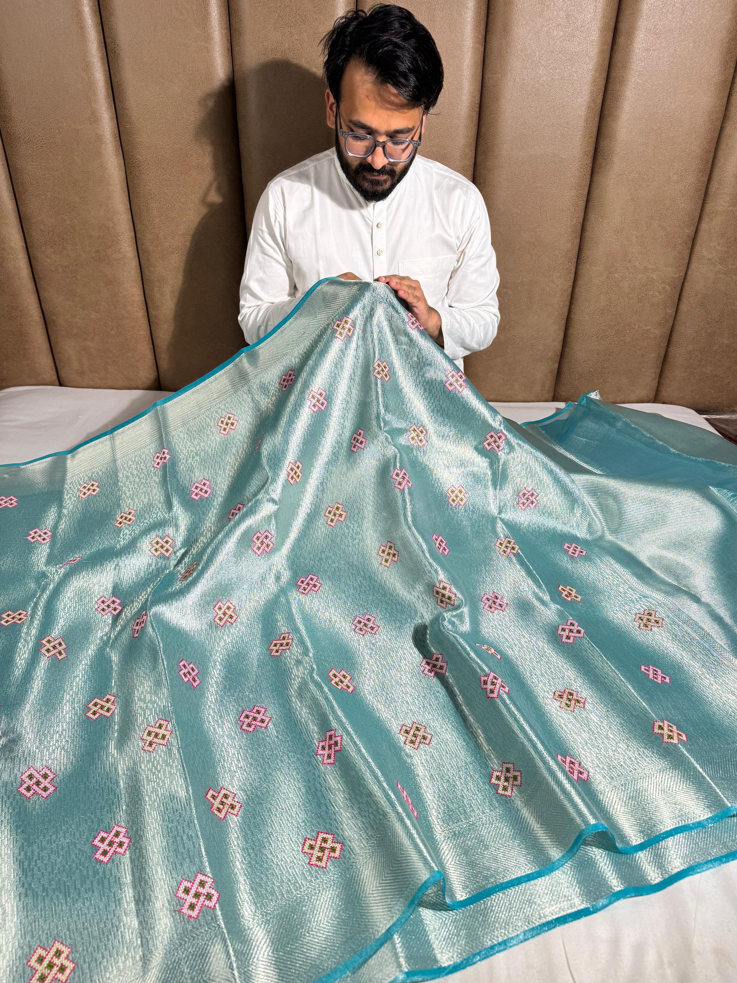 Never seen before Metallic Aqua Blue aplique work tissue silk saree with rich pallu