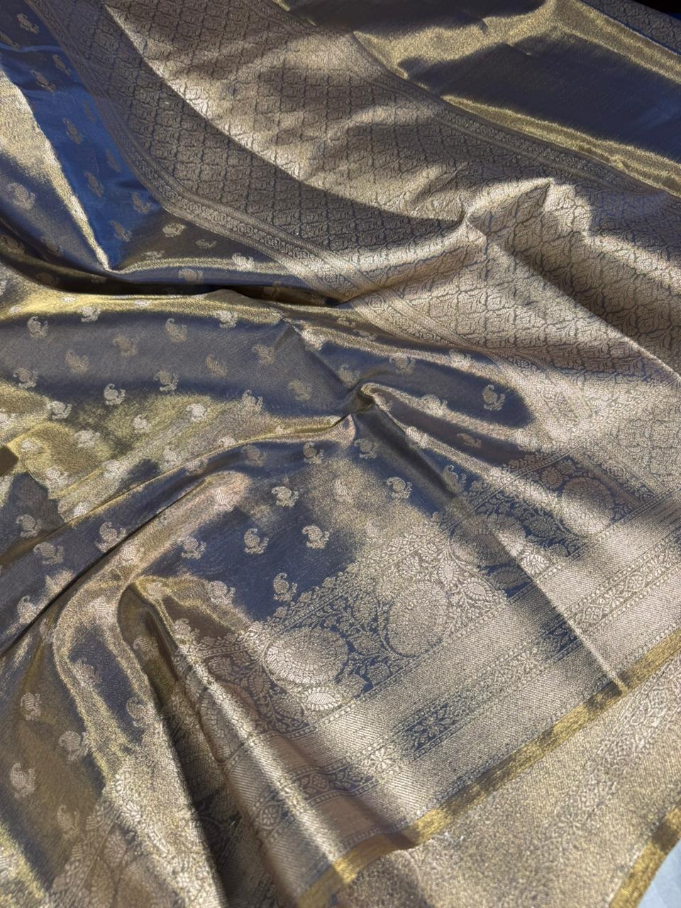 Never Seen Before Grey Copper Tissue Silk Saree with Rich Pallu and Blouse - Image 2