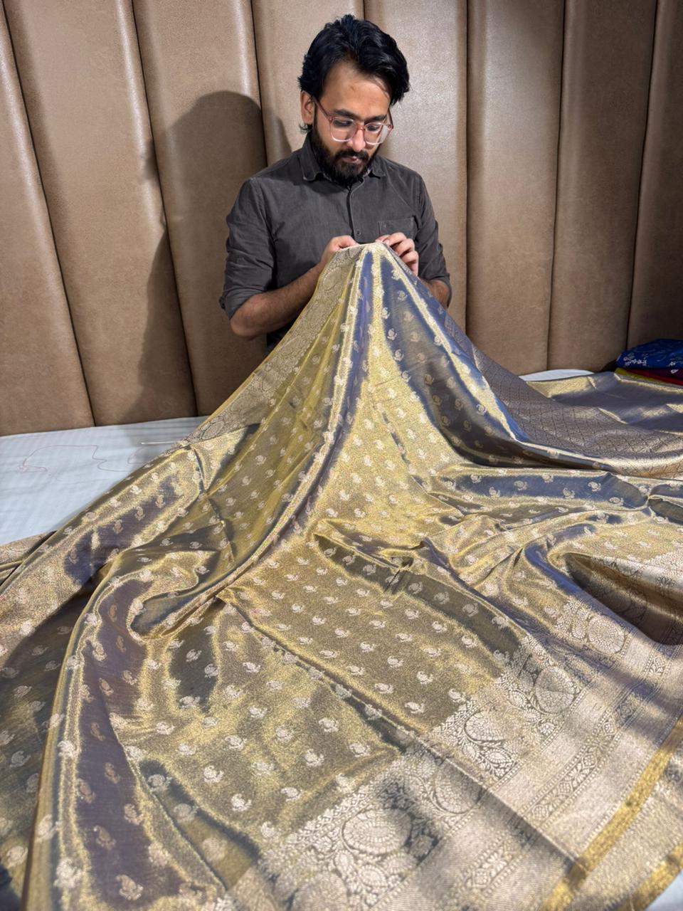 Never Seen Before Grey Copper Tissue Silk Saree with Rich Pallu and Blouse - Image 3