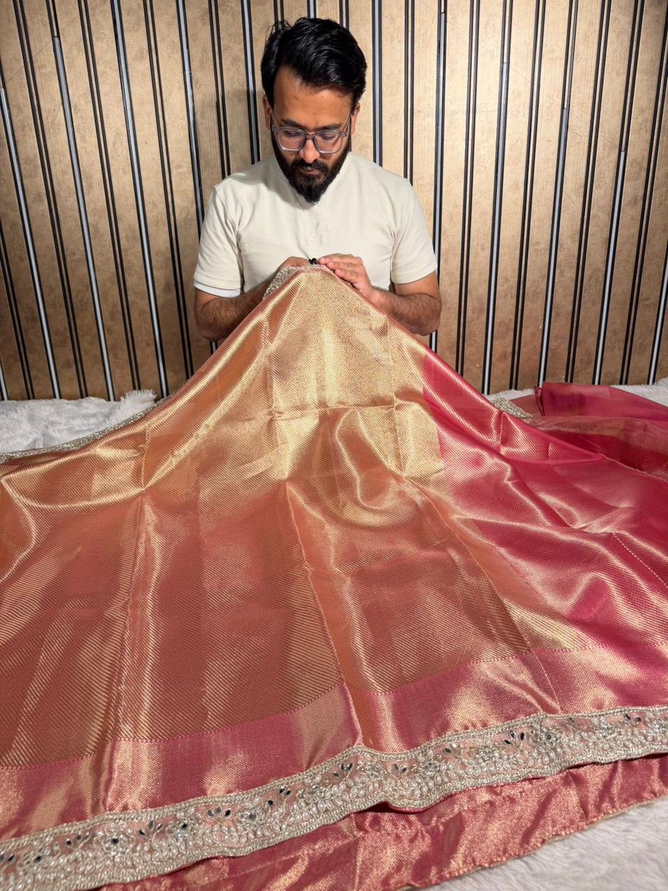 Nita ma’am Inspired Kanjivaram Tissue Silk Designer Lace Work Banarasi Saree - Image 2