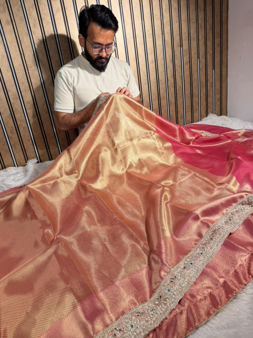 Nita ma’am Inspired Kanjivaram Tissue Silk Designer Lace Work Banarasi Saree - Image 4