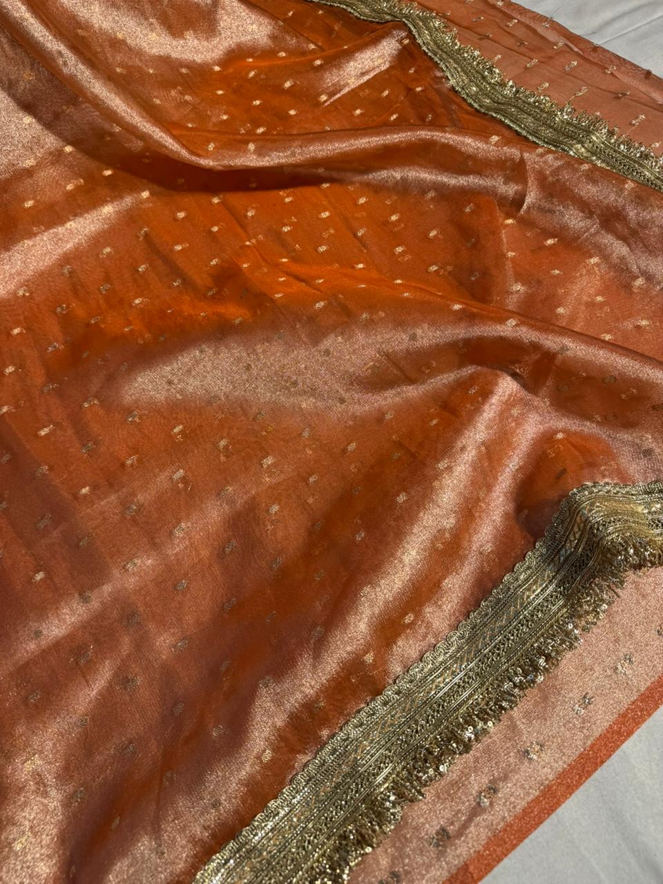Orange banarasi tissue silk buti saree with premium lacework ana pallu - Image 2