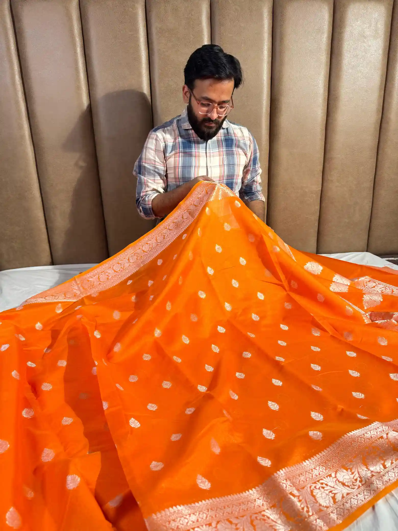 Bright Orange Soft Silk Buta Weave Banarasi Saree - Image 3