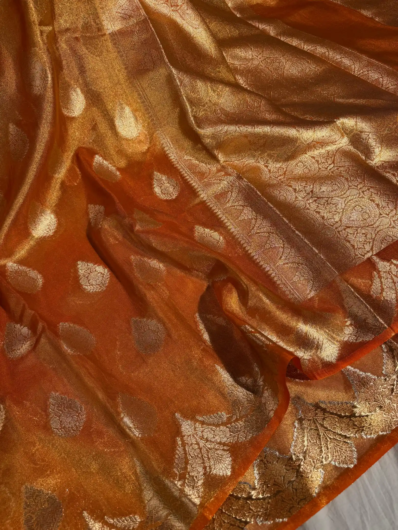 Orange Tissue banarasi saree with rich pallu and blouse - Image 2