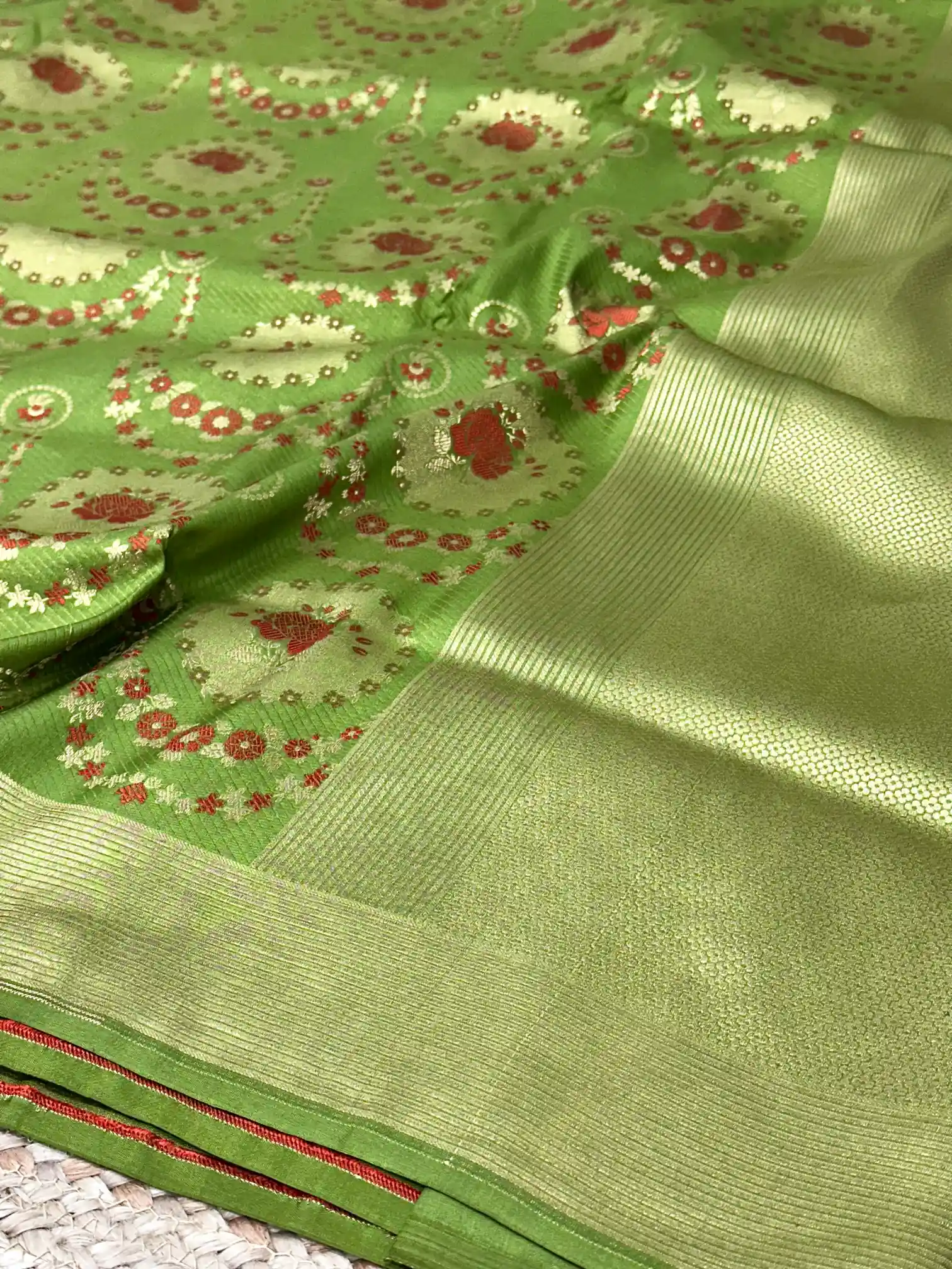 Parrot Green Embossed Meenakari Pure Katan Silk Saree - Image 4