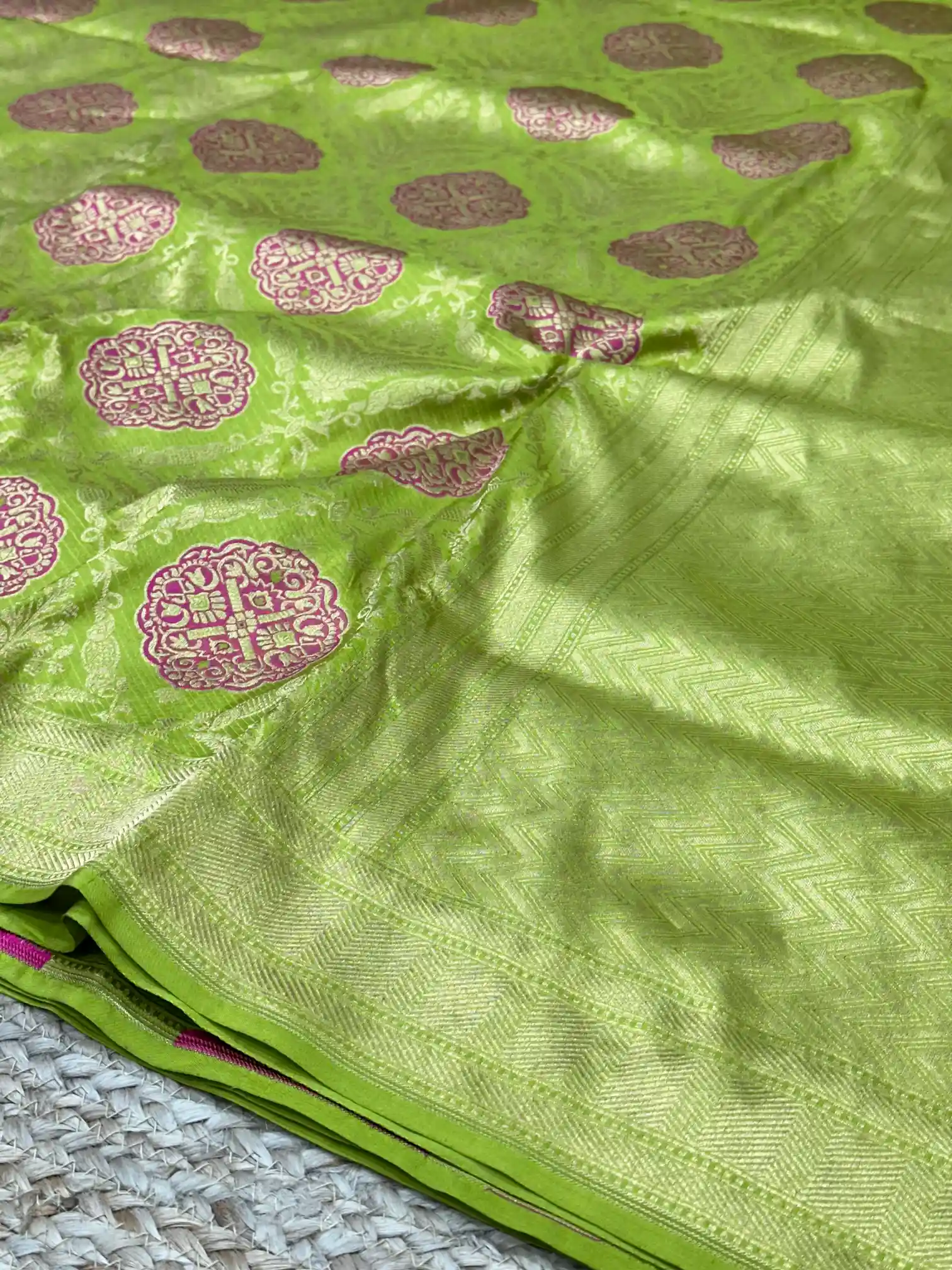 Parrot Green Embossed Meenakari Pure Katan Silk Saree - Image 2