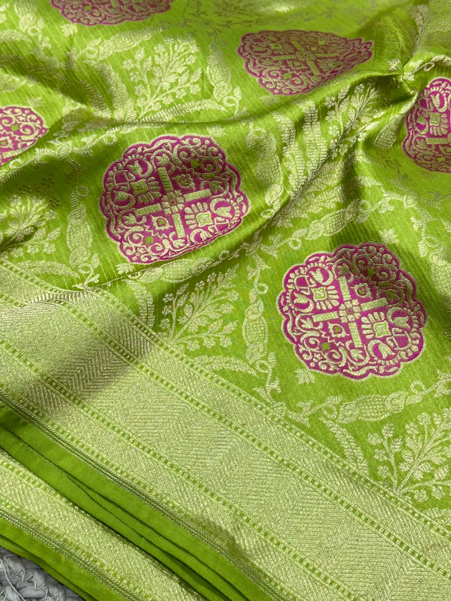 Parrot Green Embossed Meenakari Pure Katan Silk Saree - Image 3