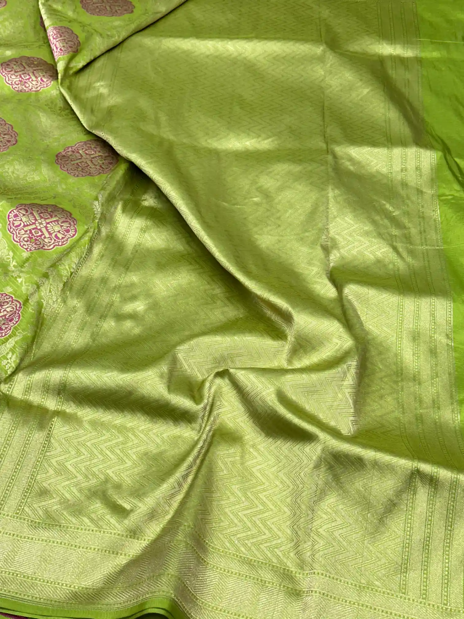 Parrot Green Embossed Meenakari Pure Katan Silk Saree - Image 4