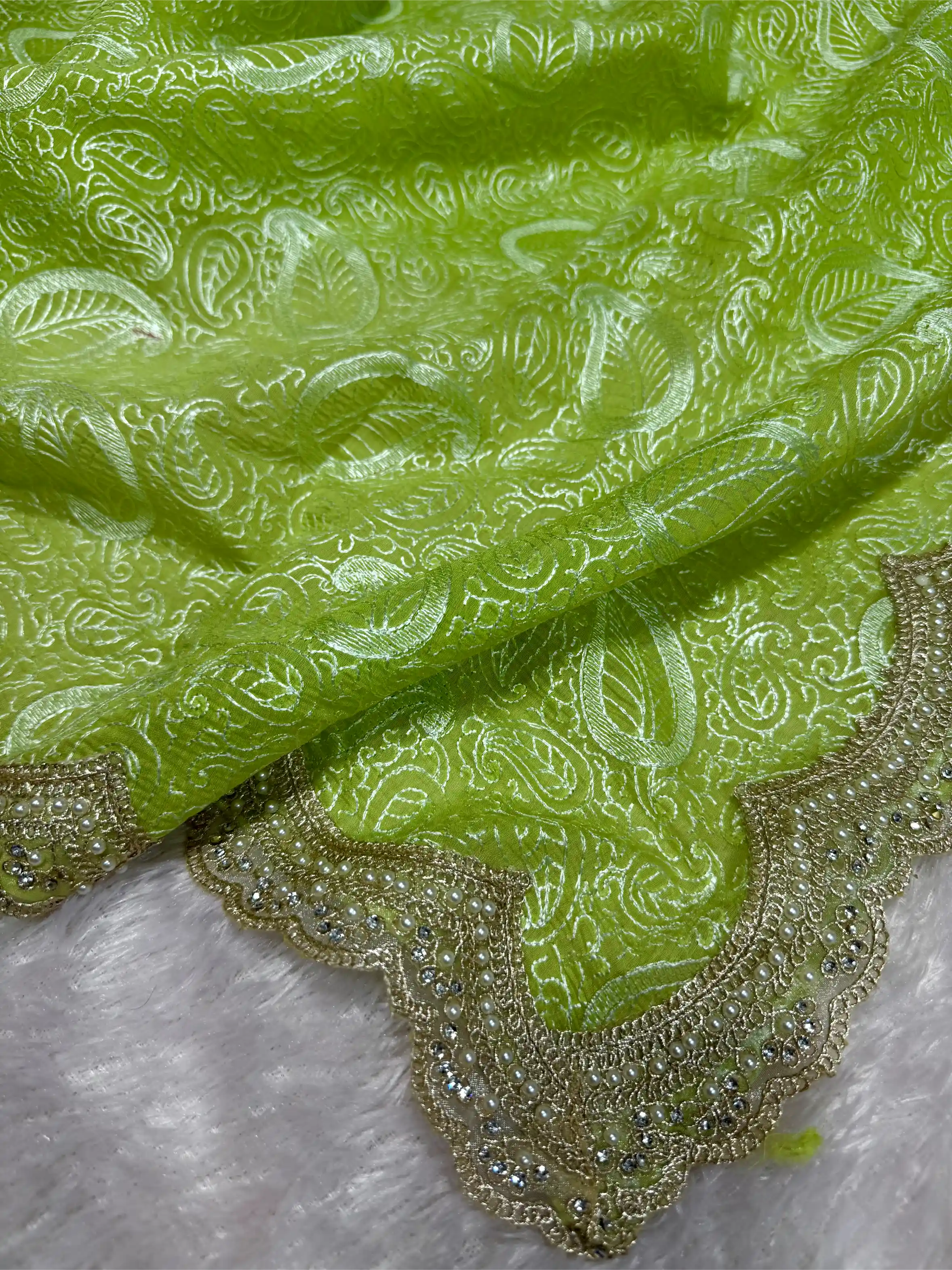 Parrot Green Pure Mul Chanderi Chikankari Work Banarasi Saree - Image 4